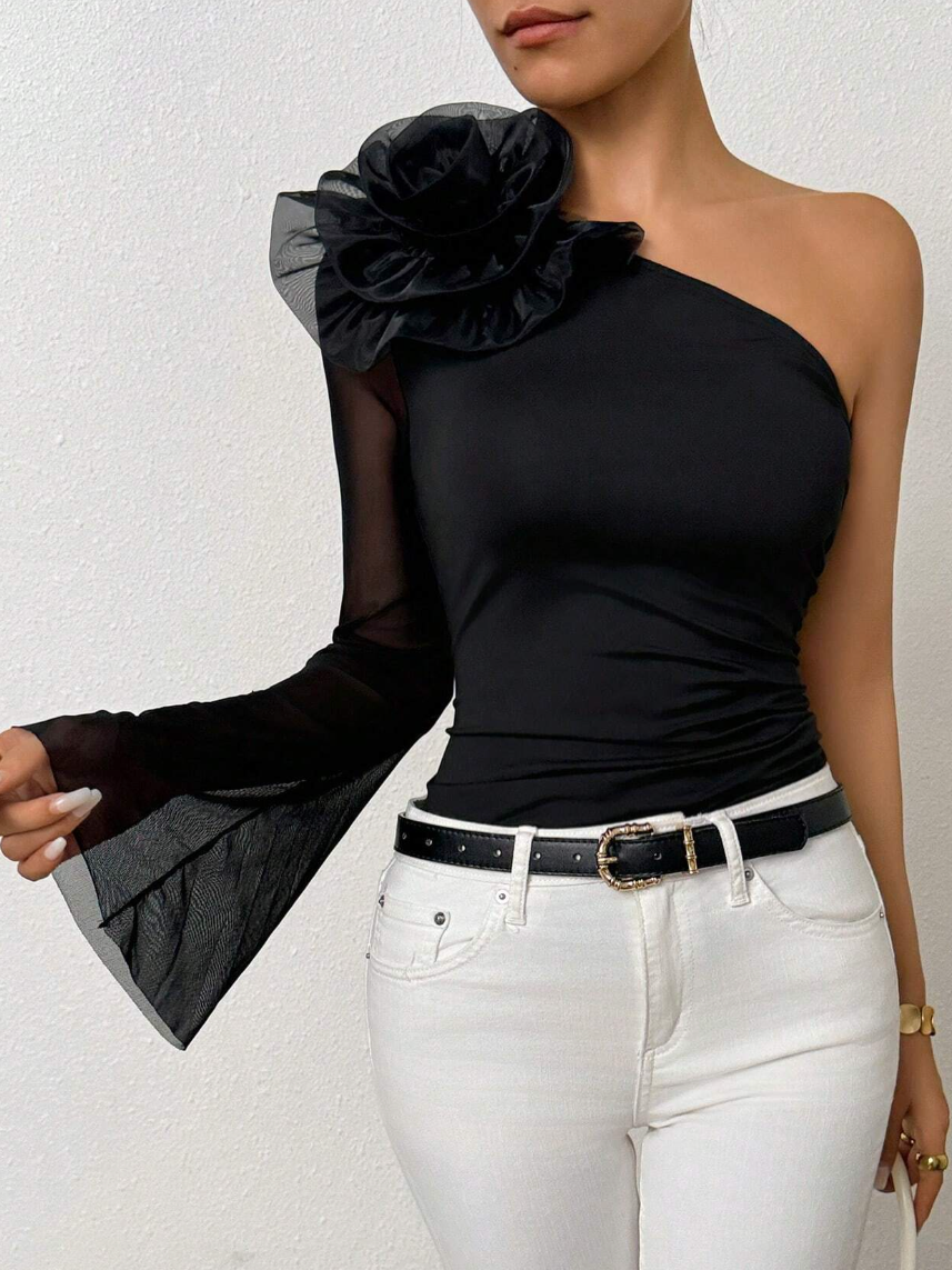 Urban Plain 3D Floral One Shoulder Blouse