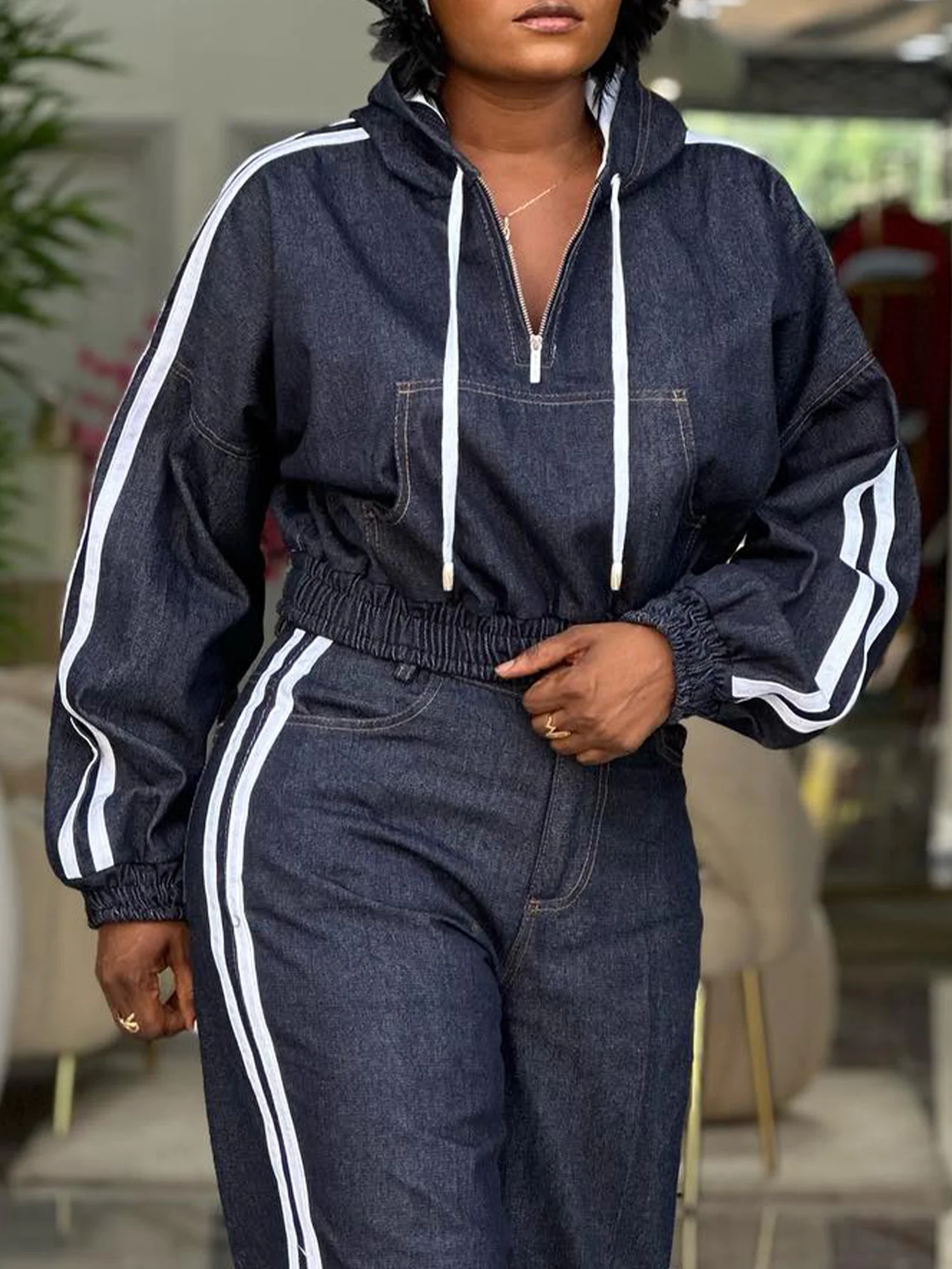 Casual Plain Binding Hoodie Denim Top