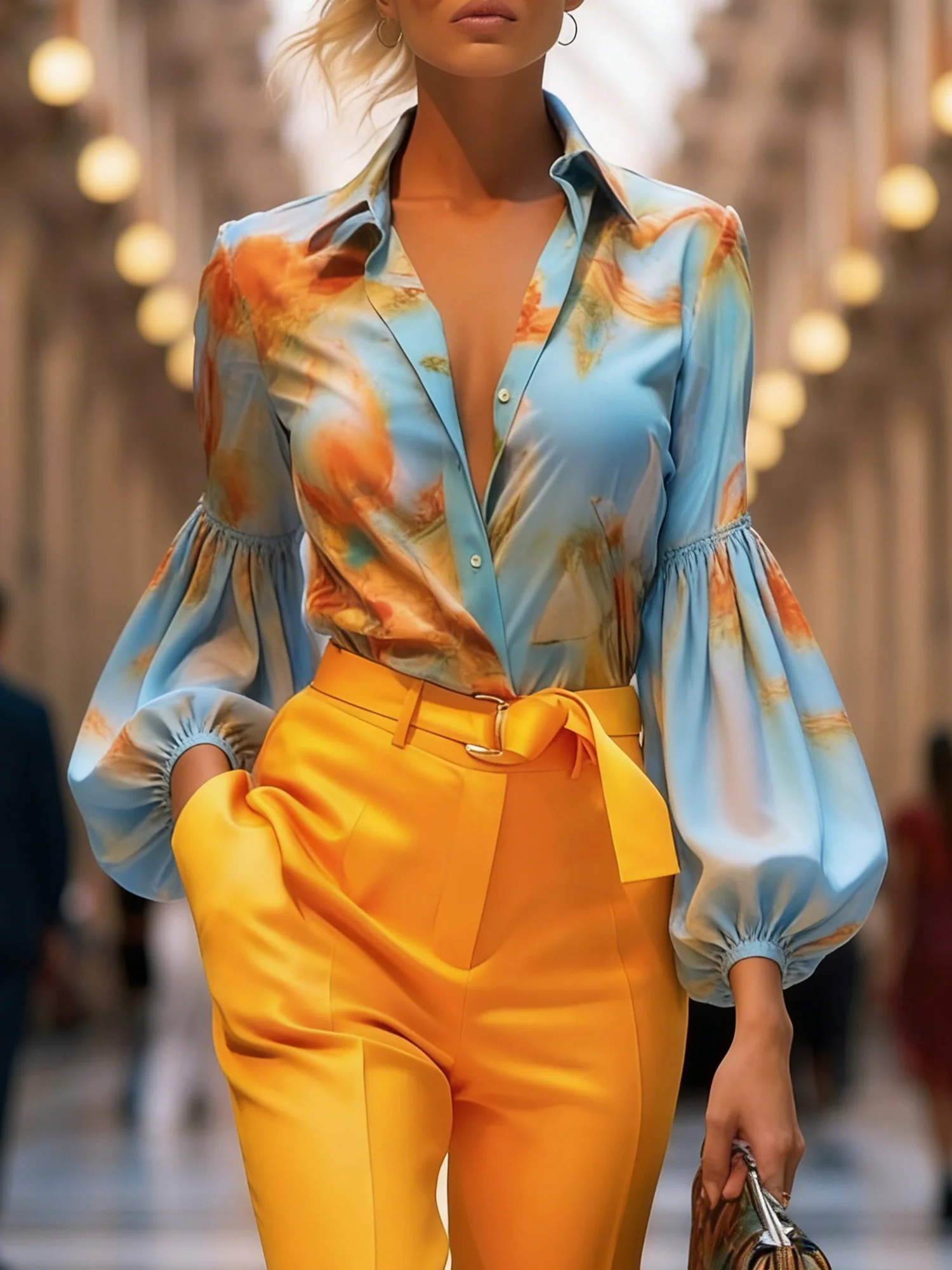 Urban Abstract Printing Shirt Collar Balloon Sleeve Shirt