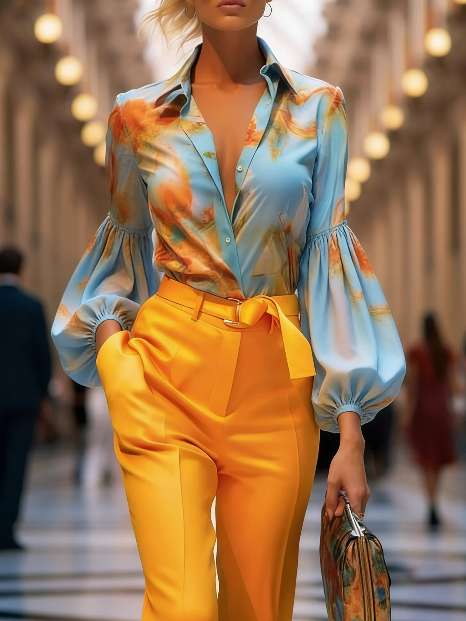 Urban Abstract Printing Shirt Collar Balloon Sleeve Shirt