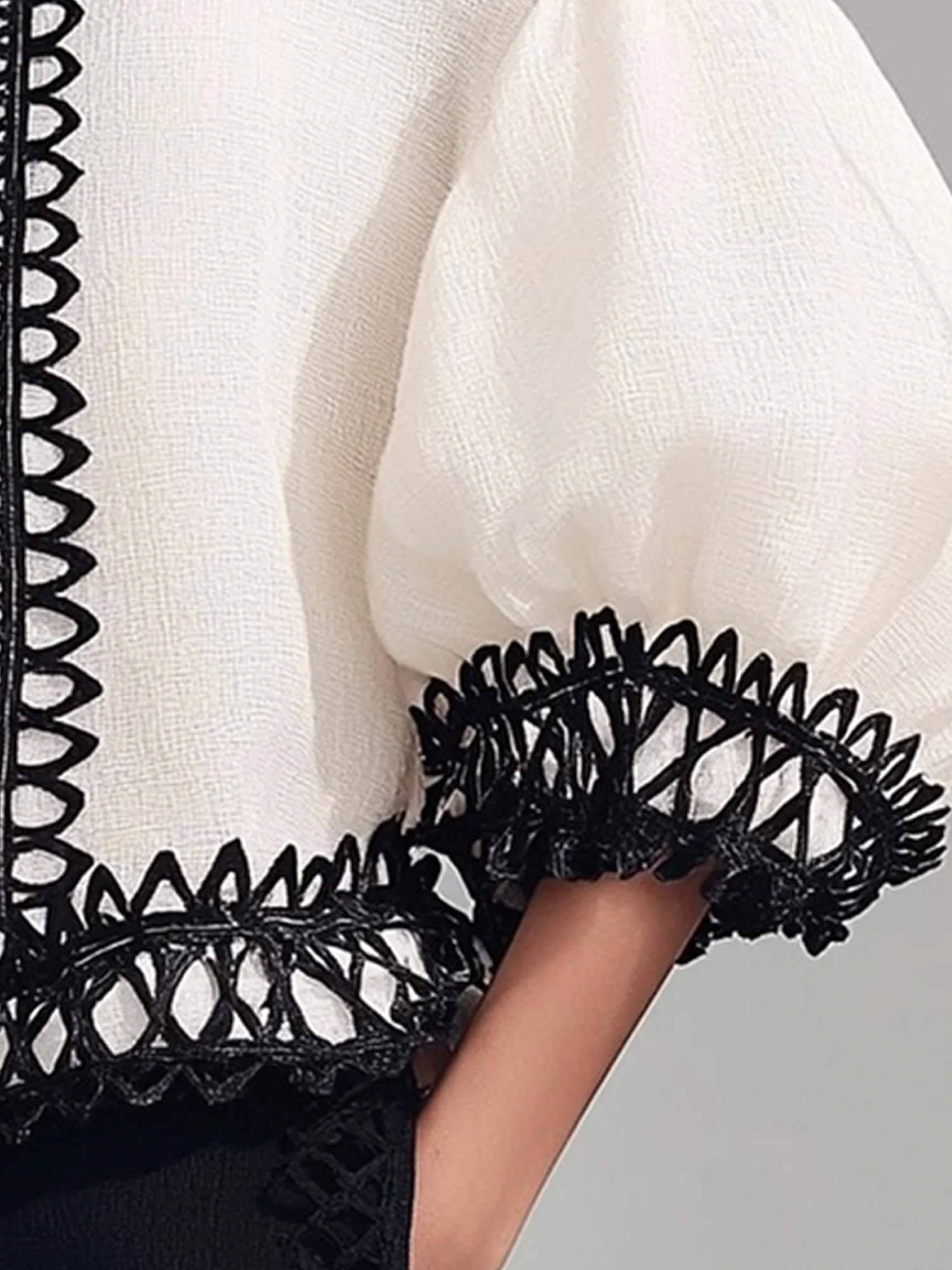 Casual Color Block Hollow Out Stand Collar Puff Sleeve Blouse