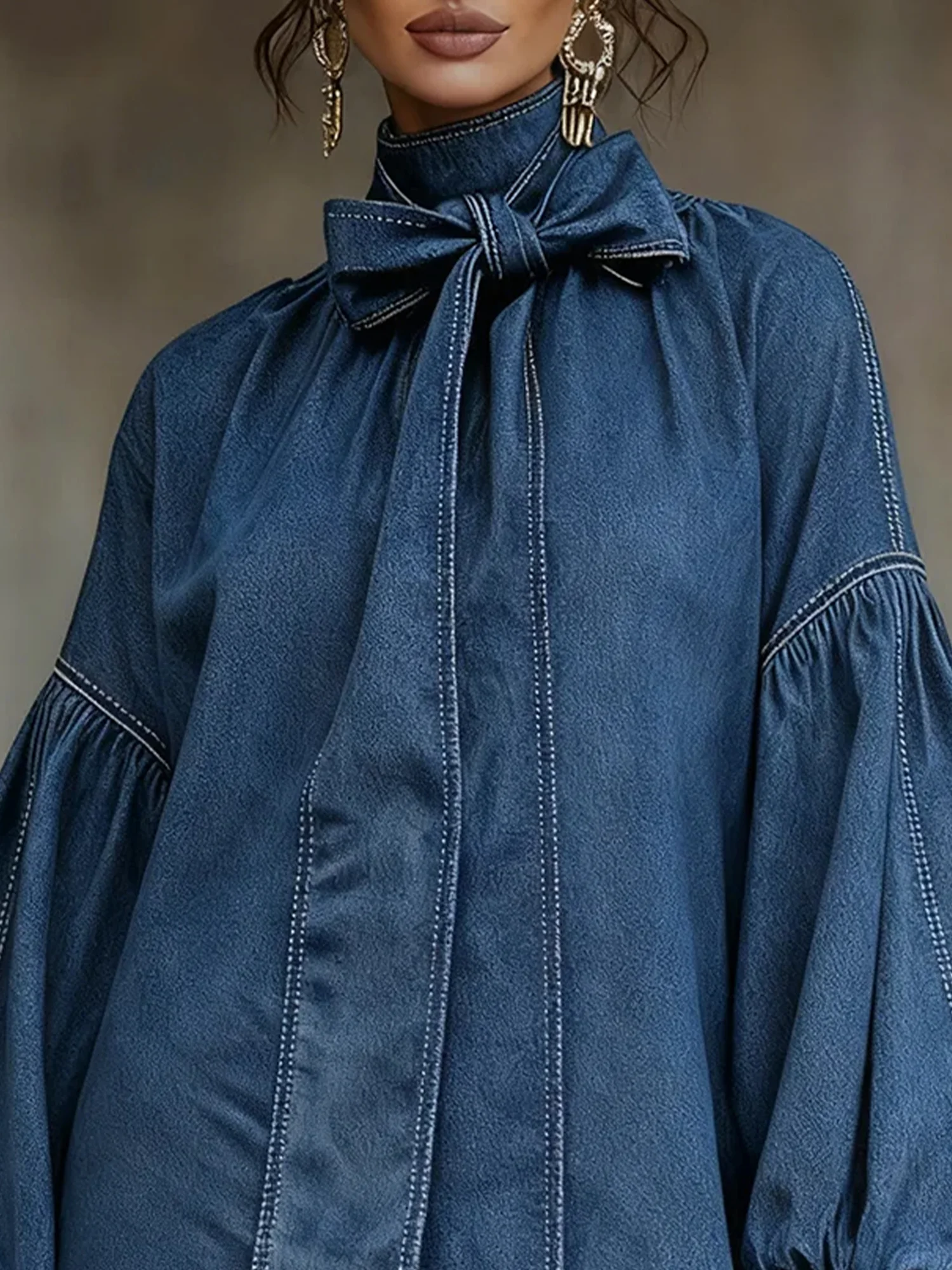 Urban Plain Raglan Sleeves Bow Stand Collar Denim Mini Dress