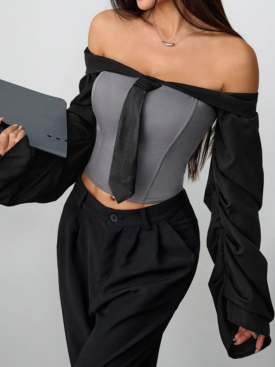 Urban Color Block Split Joint Off The Shoulder Blouse With Tie