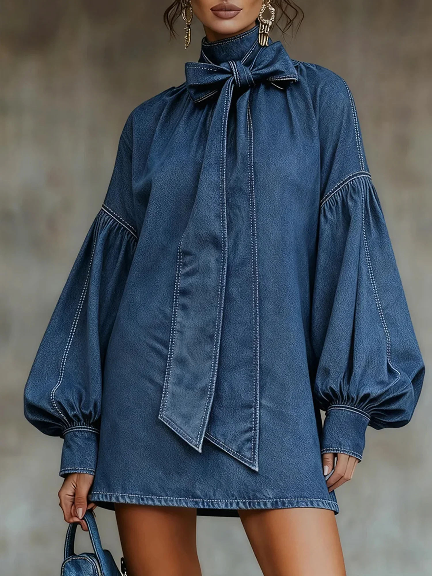 Urban Plain Raglan Sleeves Bow Stand Collar Denim Mini Dress