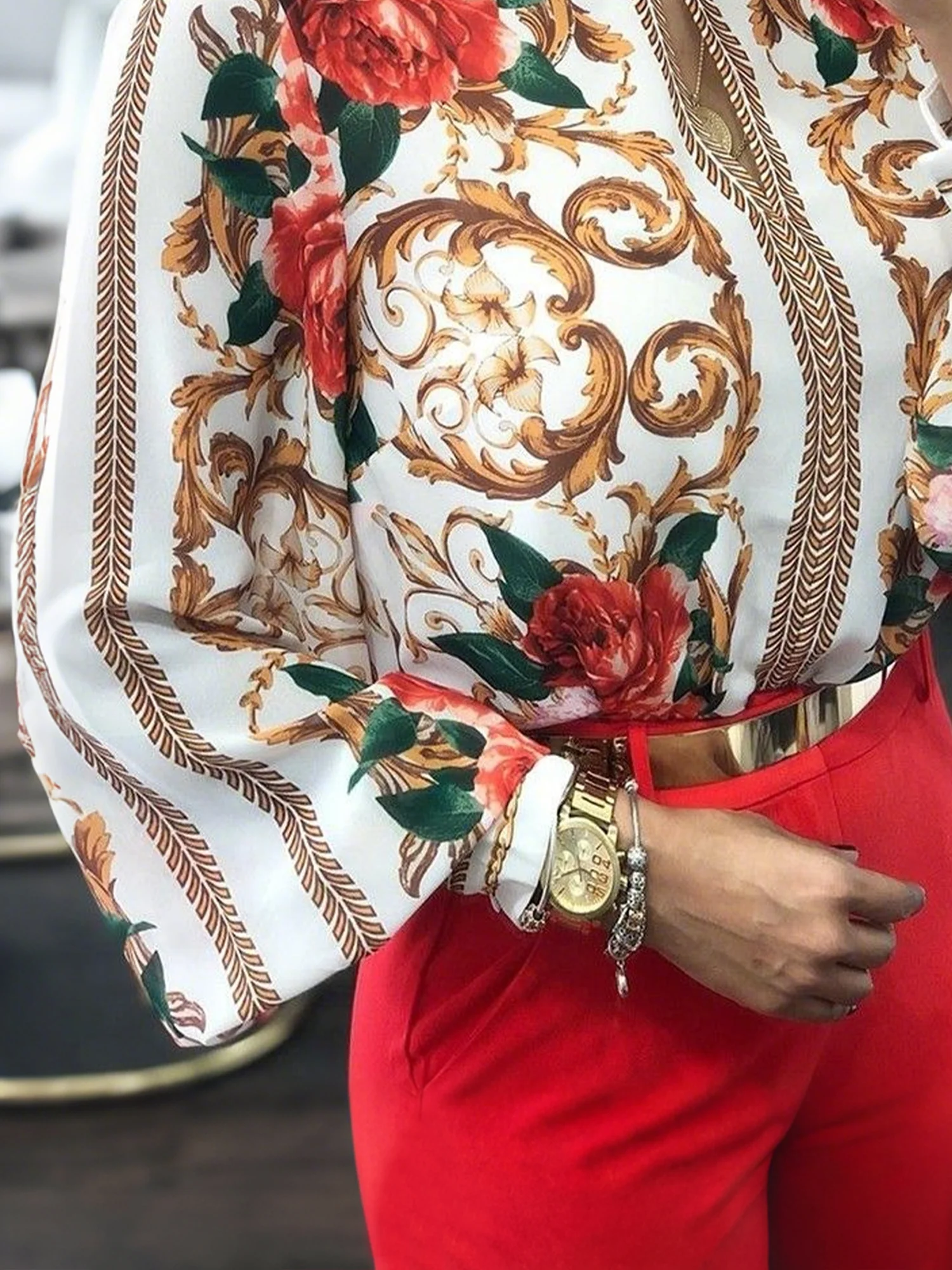 Urban Floral Printing Stand Collar  Blouse