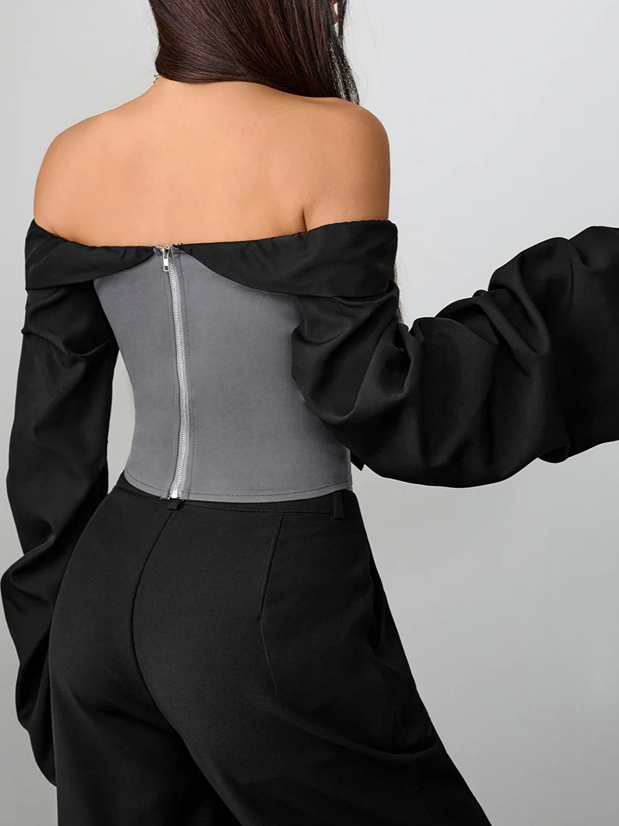 Urban Color Block Split Joint Off The Shoulder Blouse With Tie