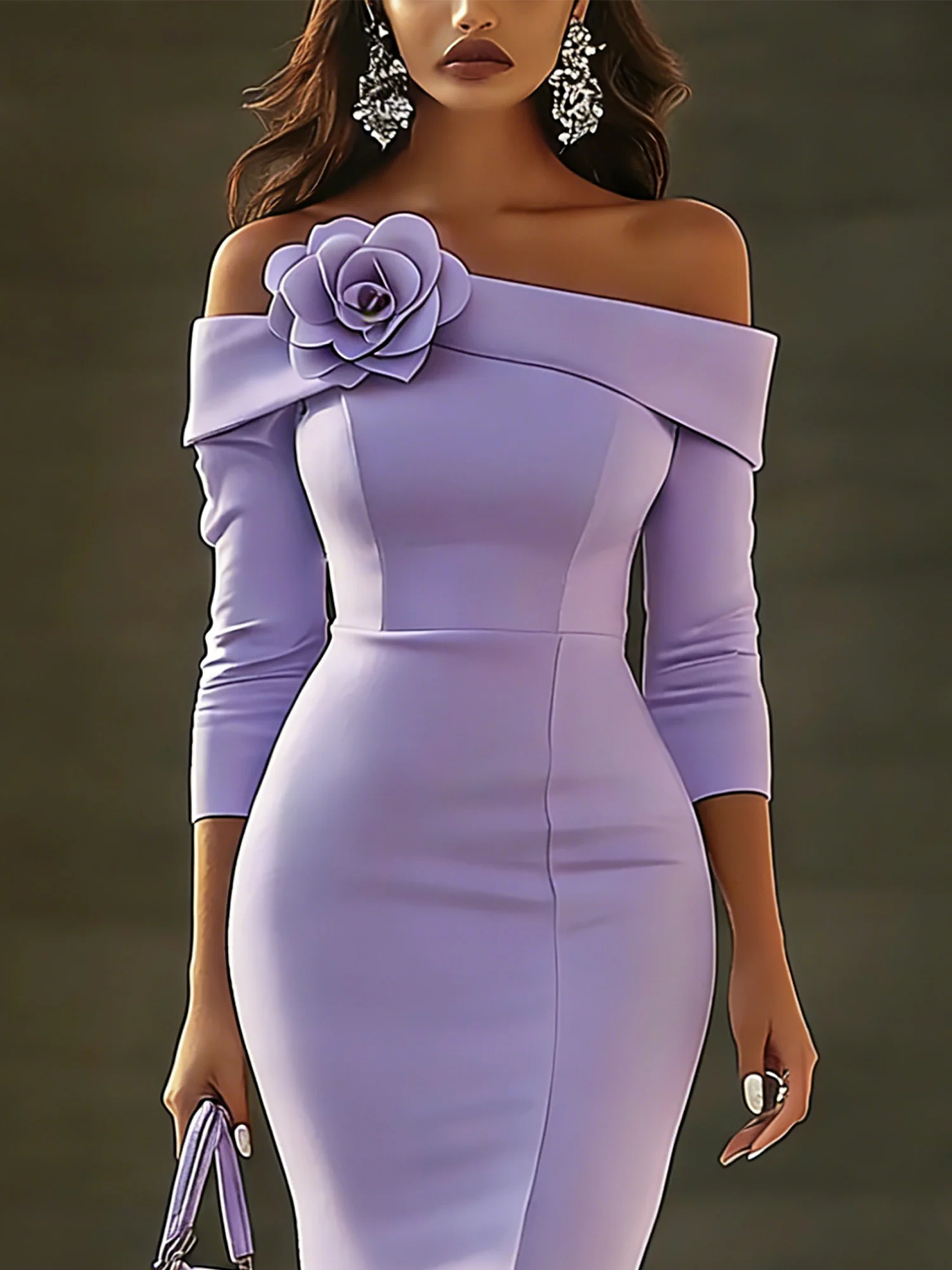 Elegant Plain Cold Shoulder Midi Dress With 3D Floral Brooch