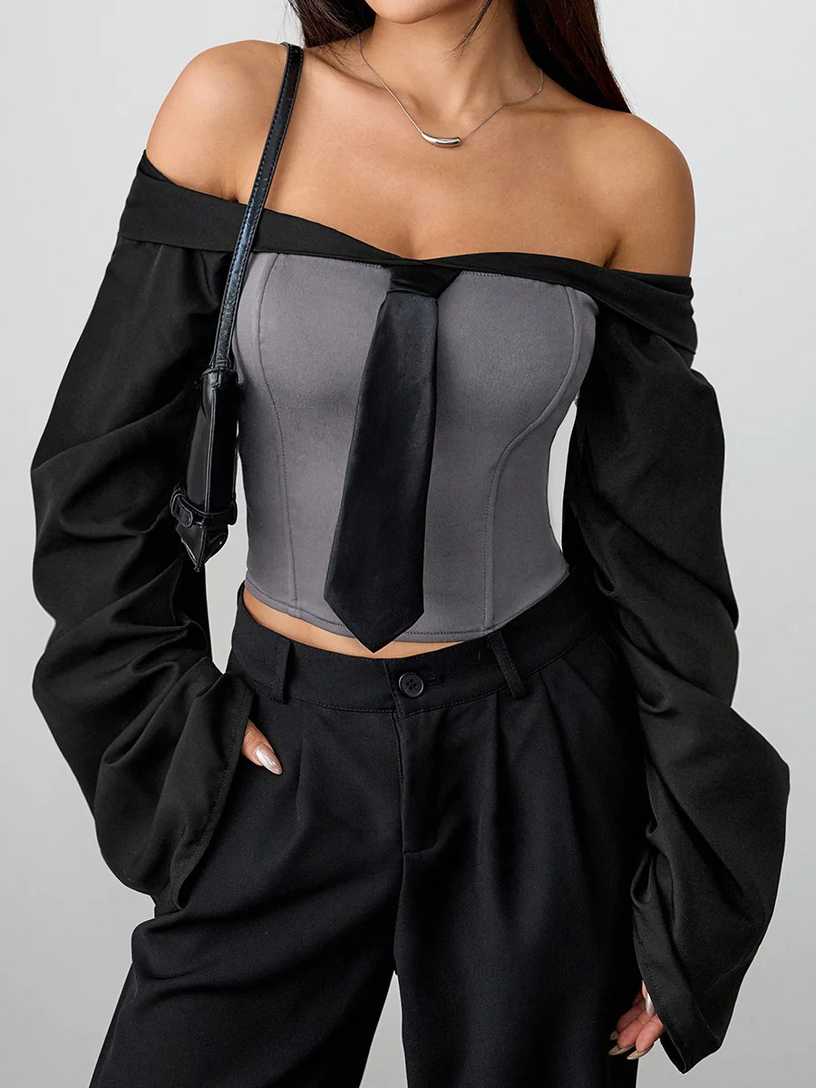 Urban Color Block Split Joint Off The Shoulder Blouse With Tie