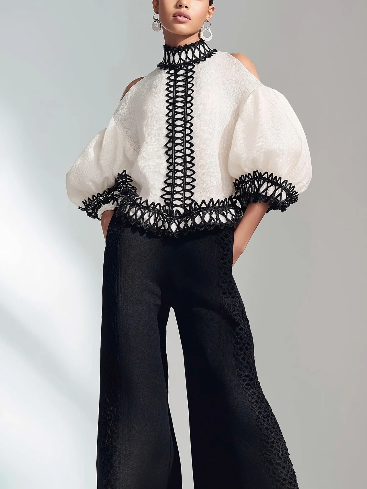 Casual Color Block Hollow Out Stand Collar Puff Sleeve Blouse