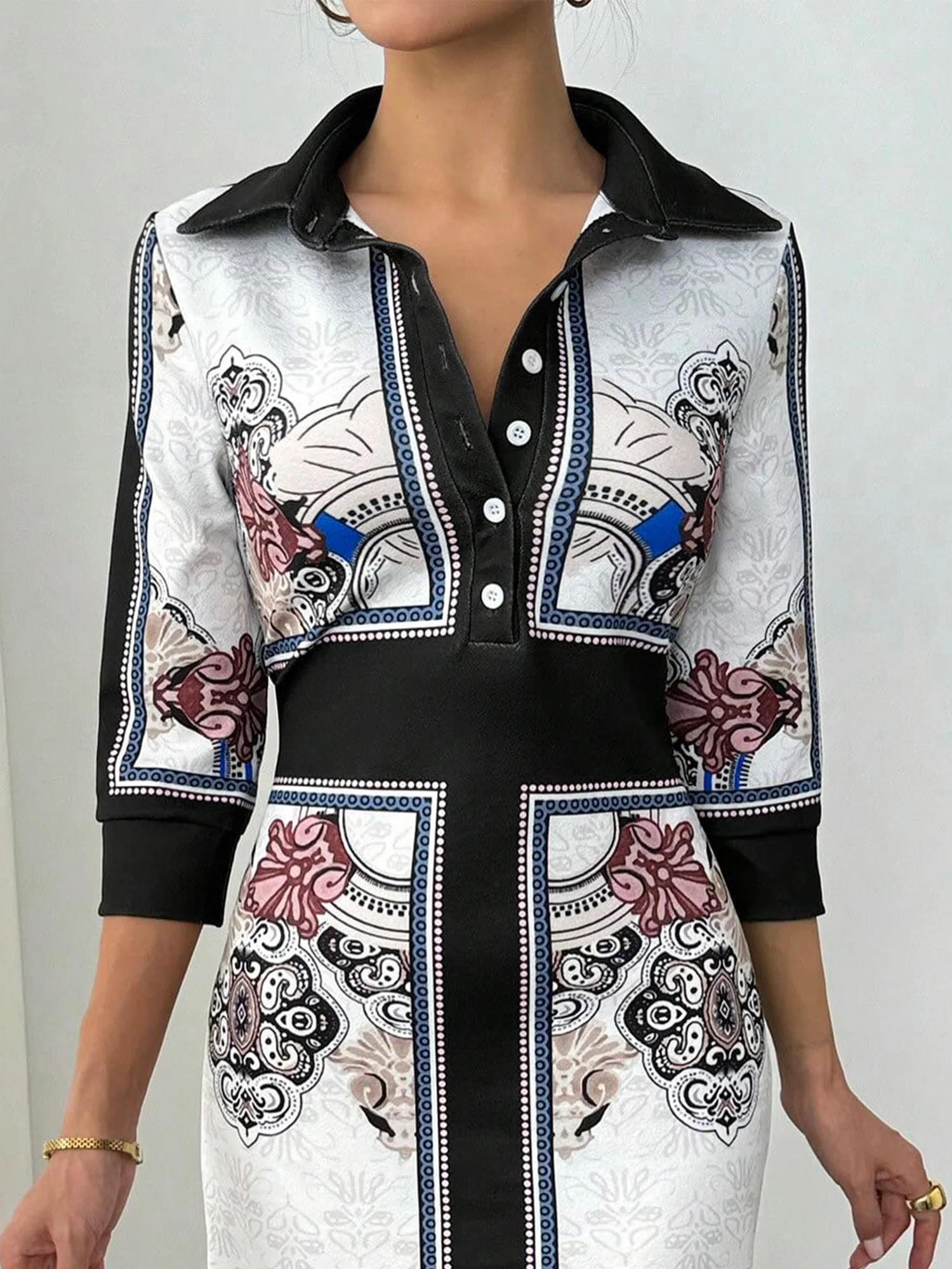 Casual Random Print Printing Shirt Collar Knee Length Dress
