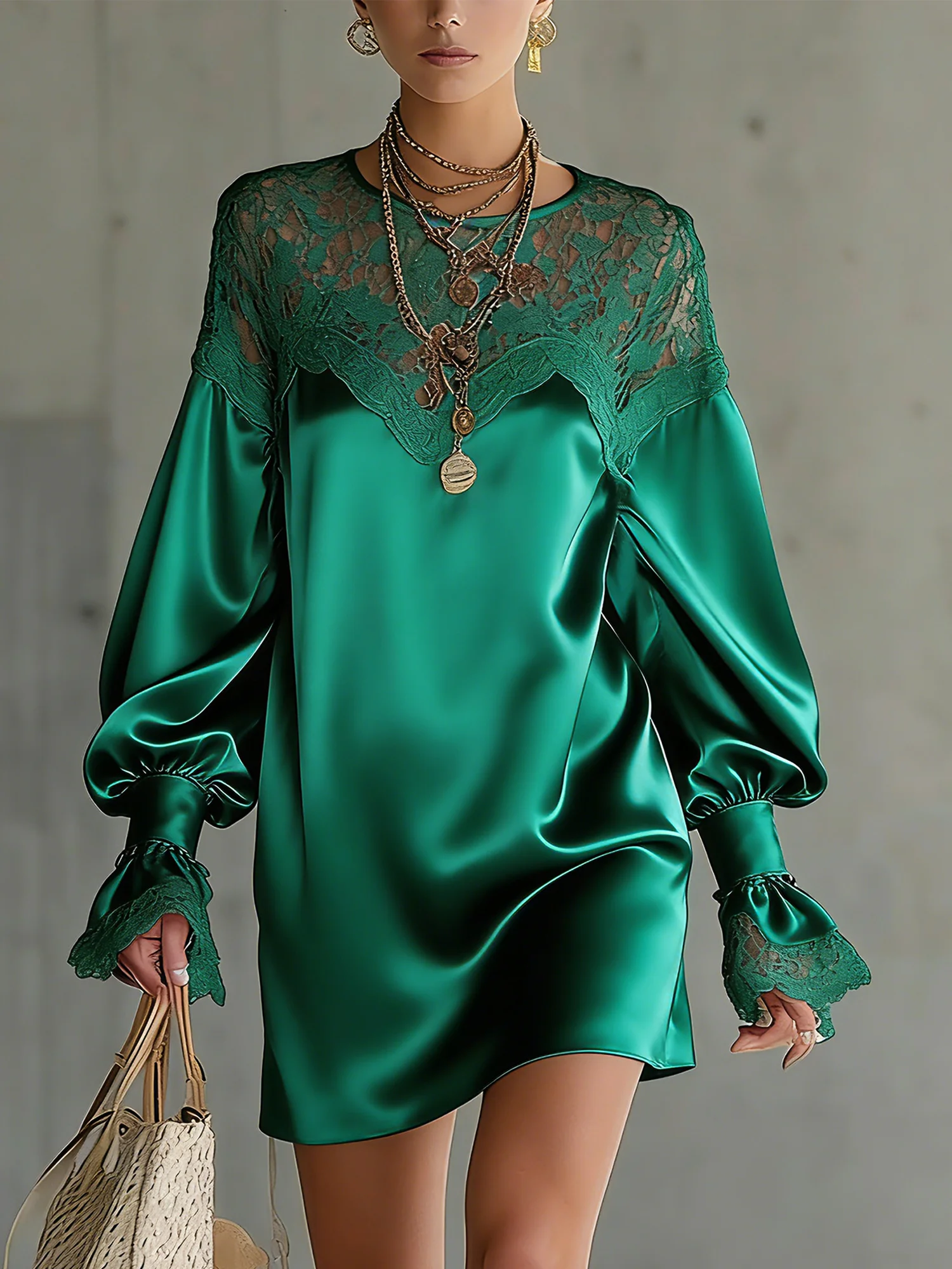 Elegant Plain Split Joint Crew Neck Mini Dress