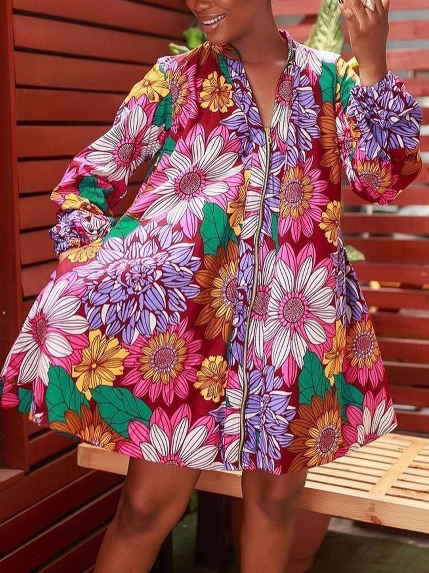 Vacation Floral Printing Stand Collar Mini Dress