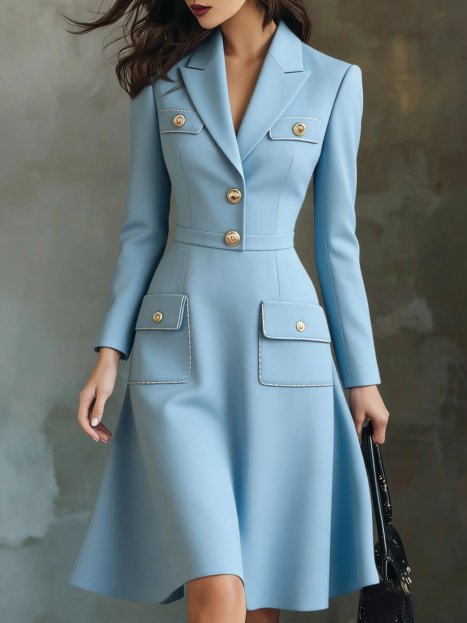 Elegant Plain  Buttoned Lapel Collar Knee Length Dress