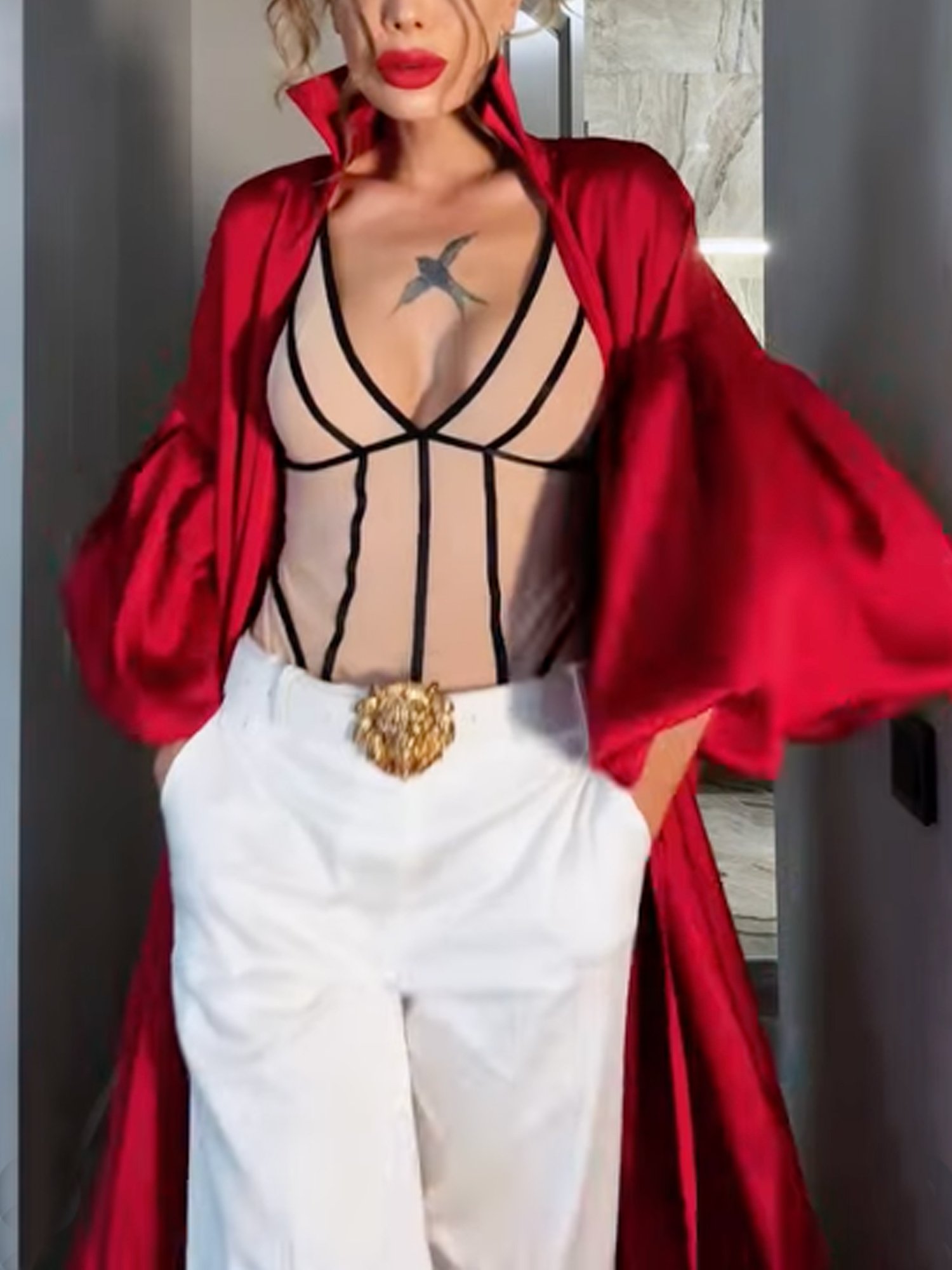 Elegant Balloon Sleeve Plain Shirt Collar Kimono