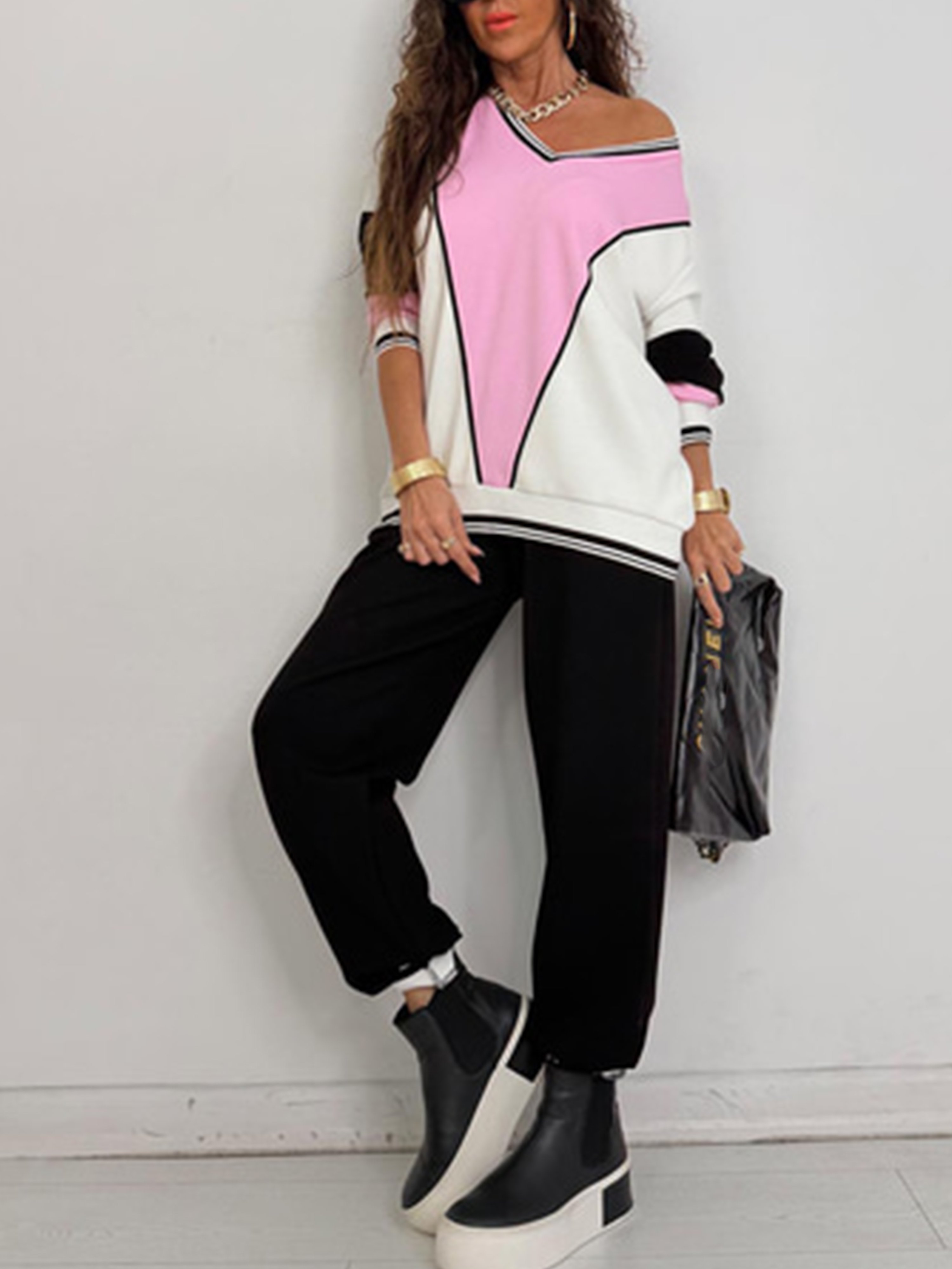 Urban Color Block Split Joint V Neck Sweatshirt