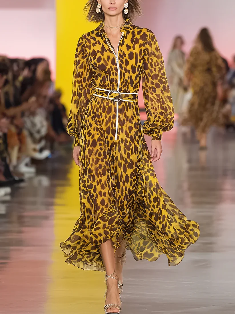 Elegant Geometric Balloon Sleeve Printing Midi Dress With Belt