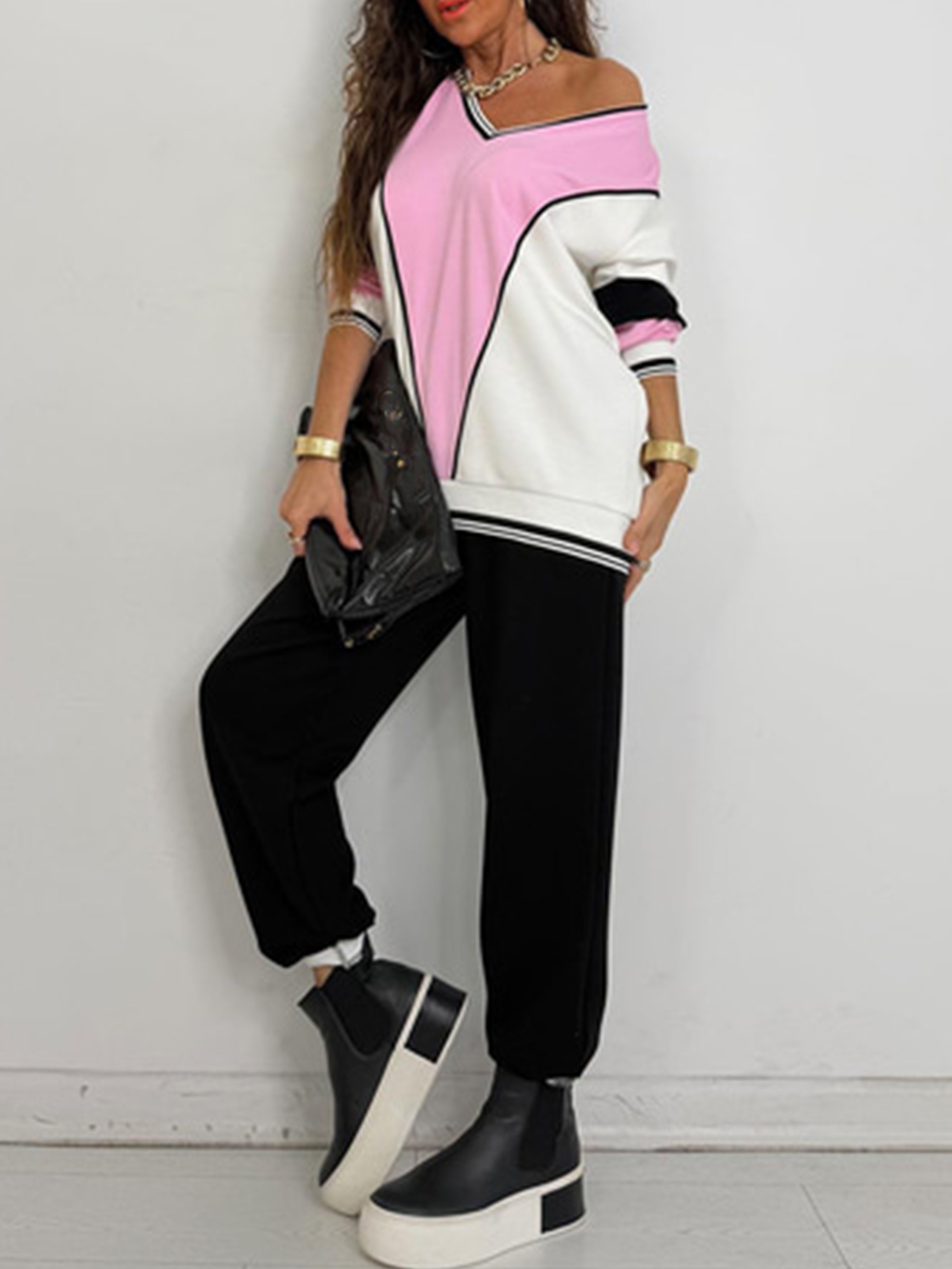 Urban Color Block Split Joint V Neck Sweatshirt