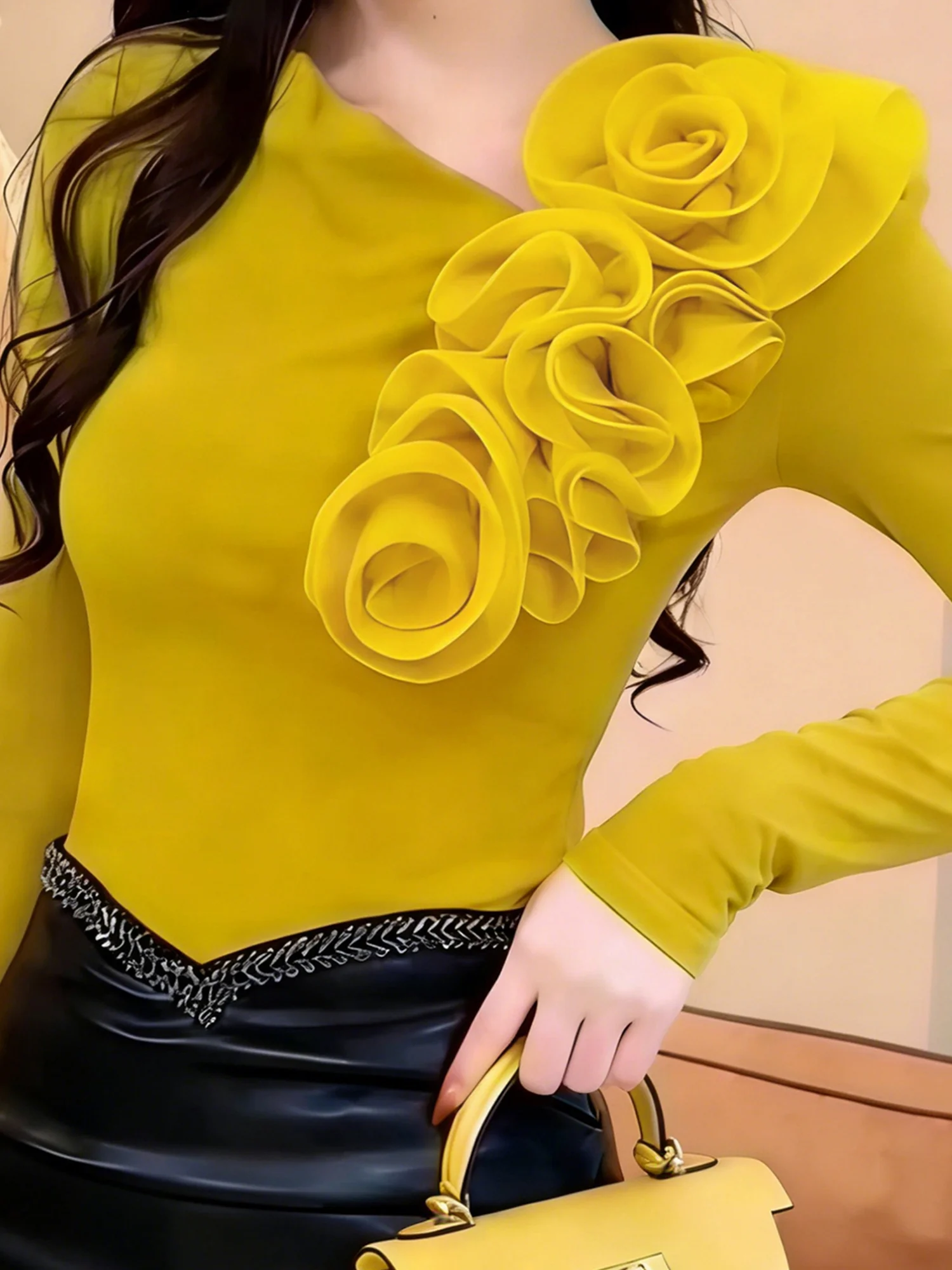 Elegant Plain 3D Floral Asymmetrical Neck T-shirt