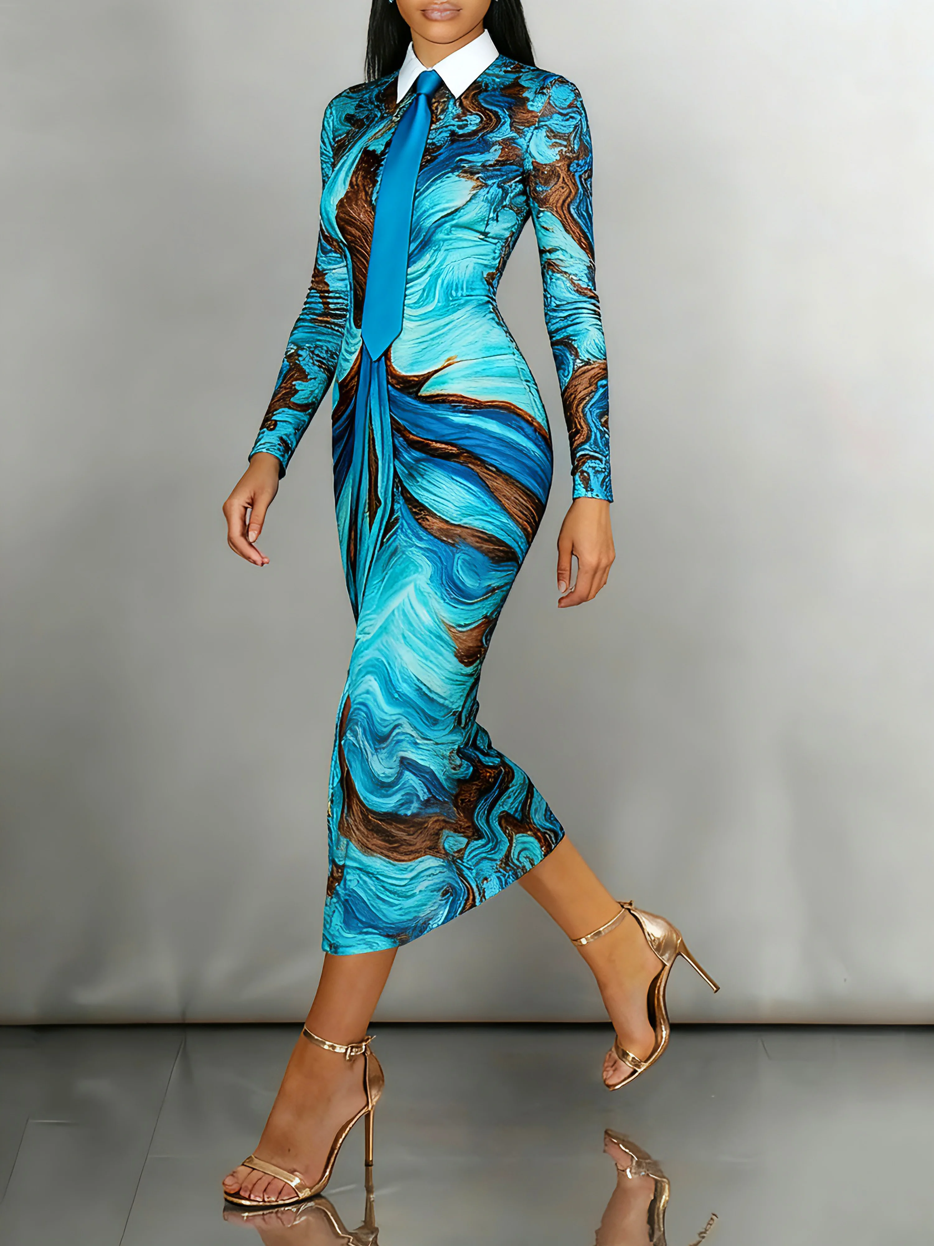 Elegant Geometric Shirt Collar Midi Dress With Tie