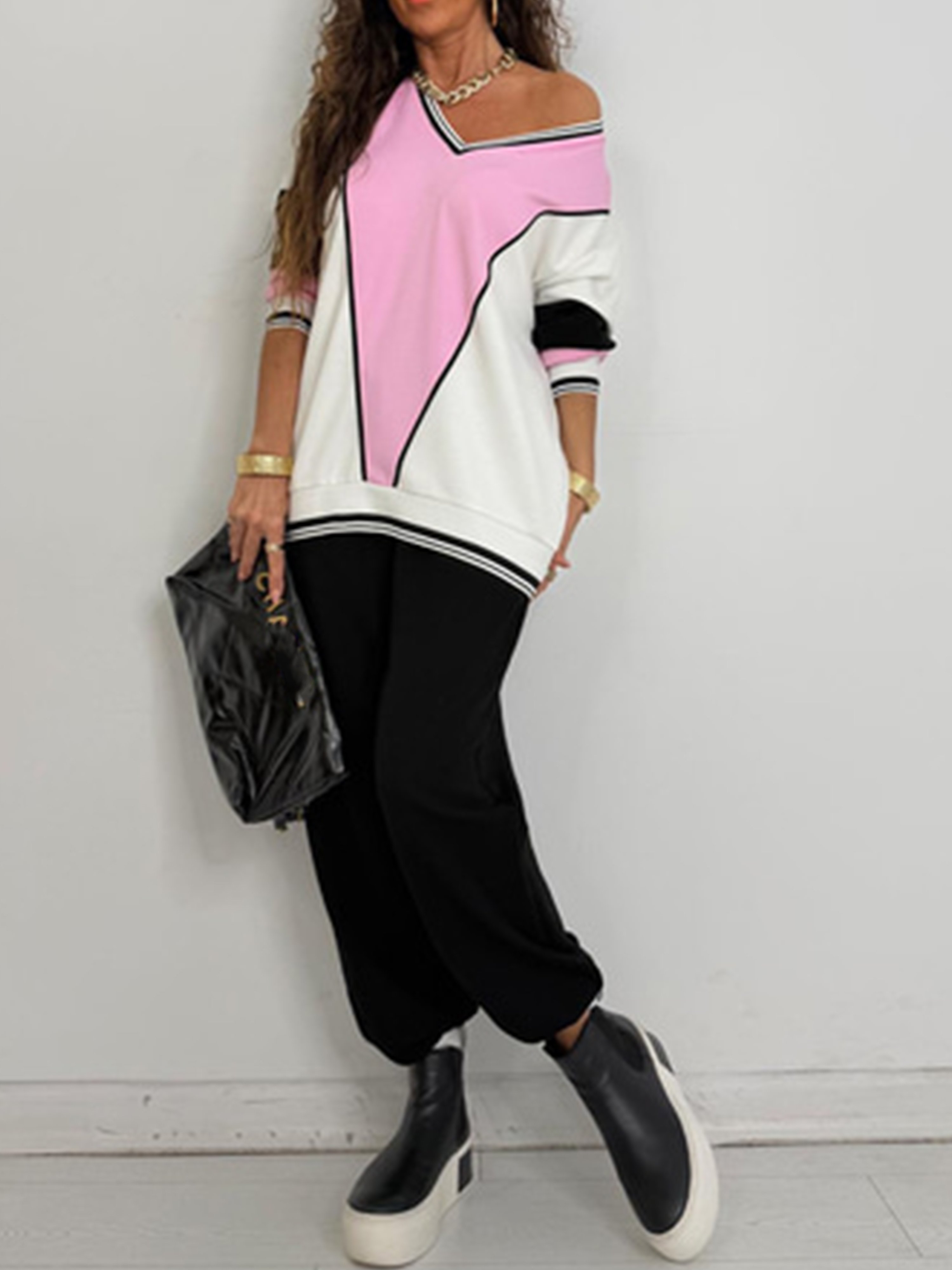 Urban Color Block Split Joint V Neck Sweatshirt