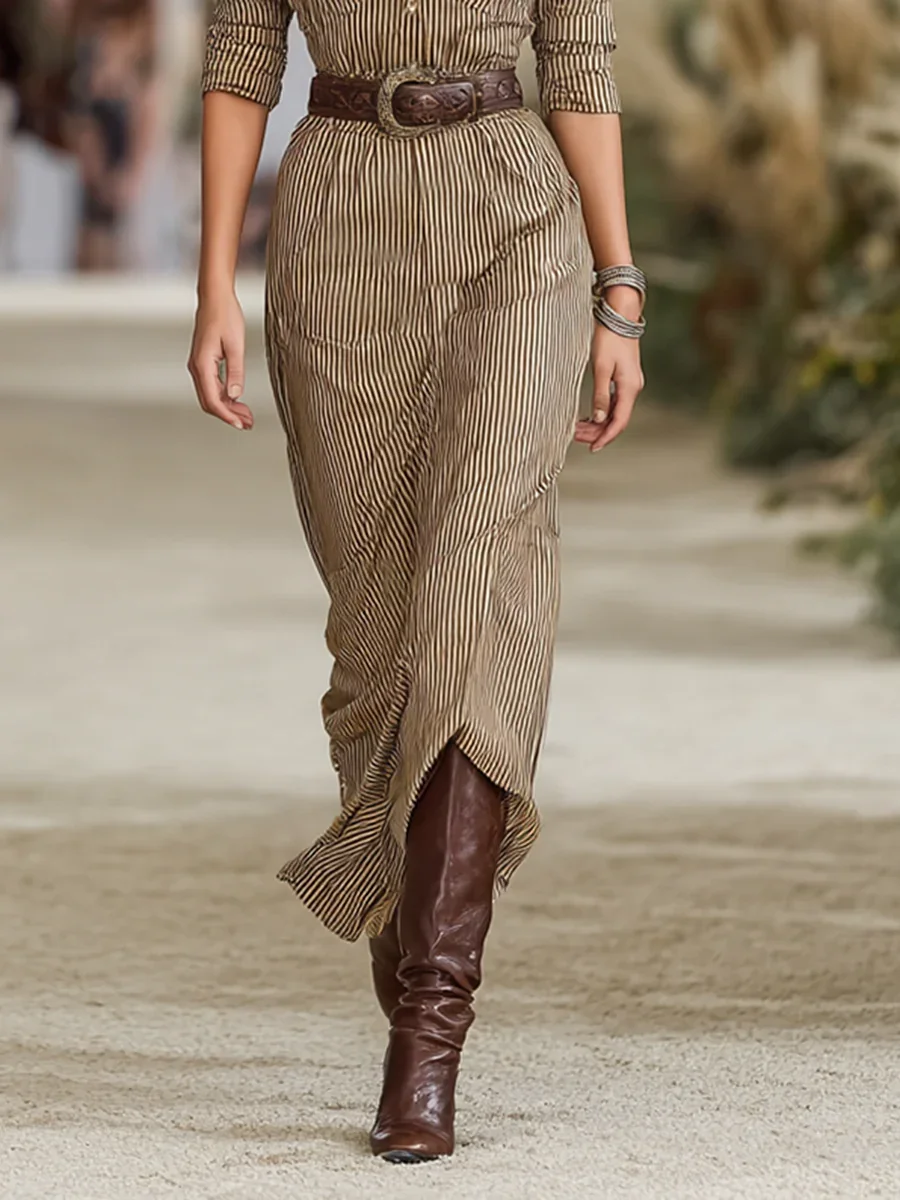 Urban Striped Buttoned Midi Dress No Belt