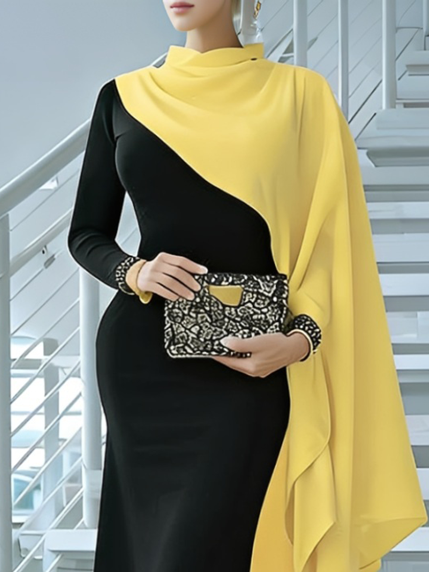 Elegant Color Block Stand Collar Midi Dress