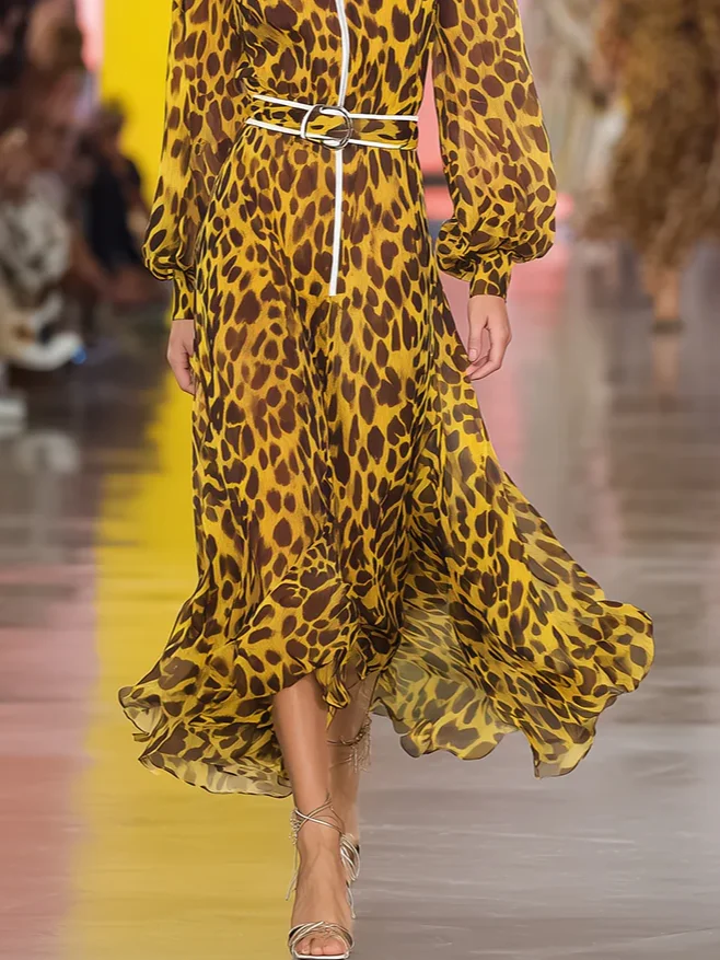 Elegant Geometric Balloon Sleeve Printing Midi Dress With Belt