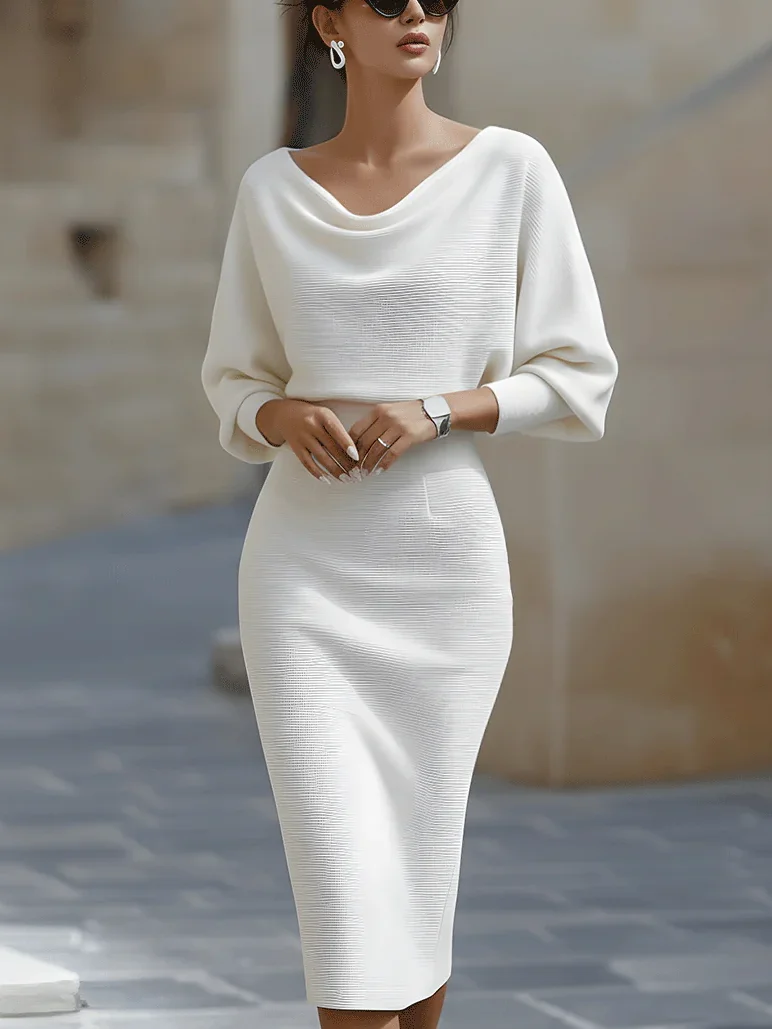 Urban Plain Raglan Sleeves Printing Cowl Neck Midi Dress