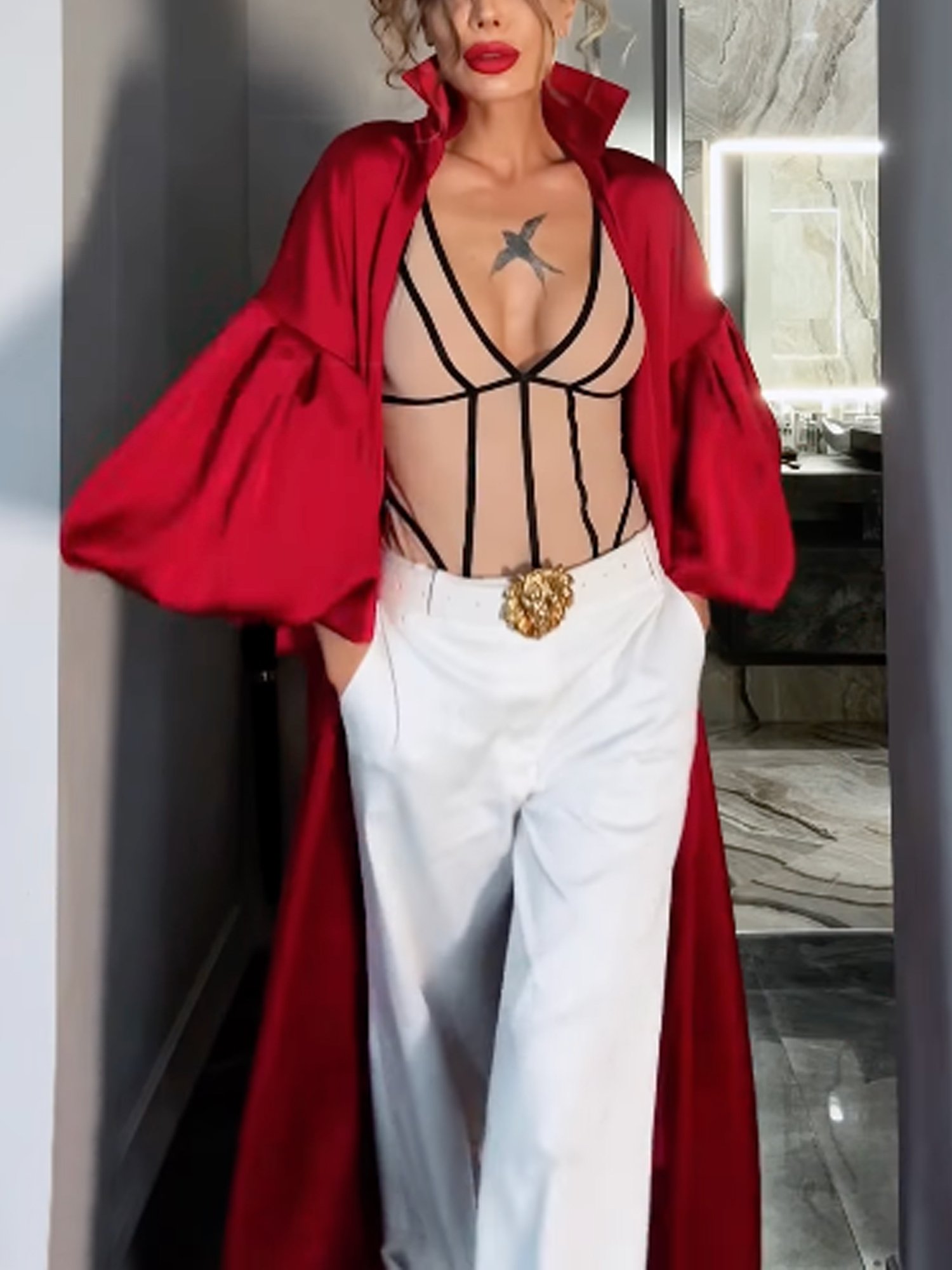 Elegant Balloon Sleeve Plain Shirt Collar Kimono