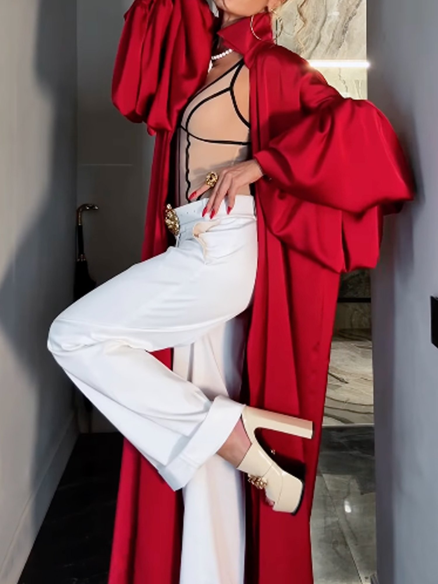 Elegant Balloon Sleeve Plain Shirt Collar Kimono