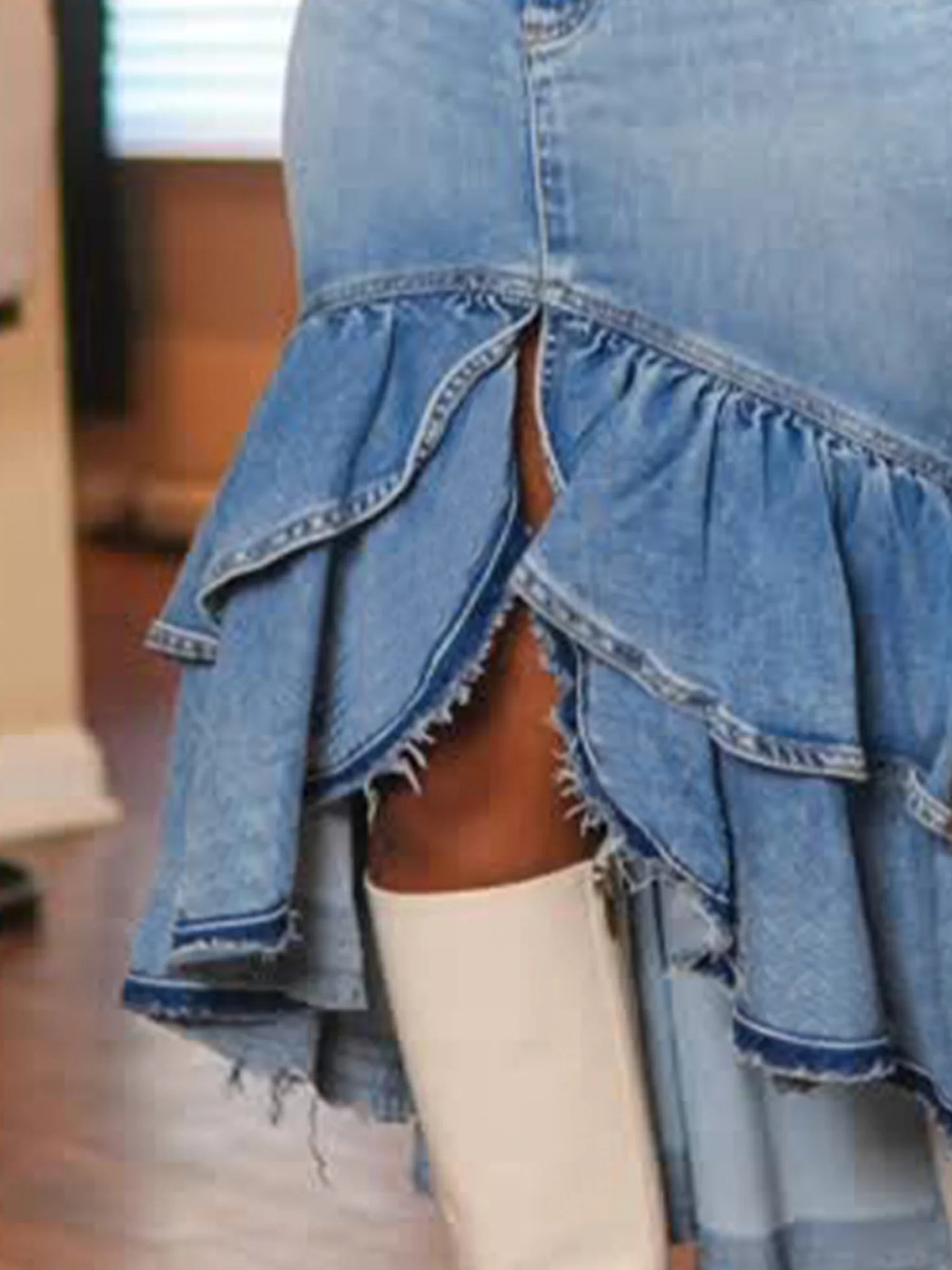 Casual Slit Plain Midi Denim Skirt