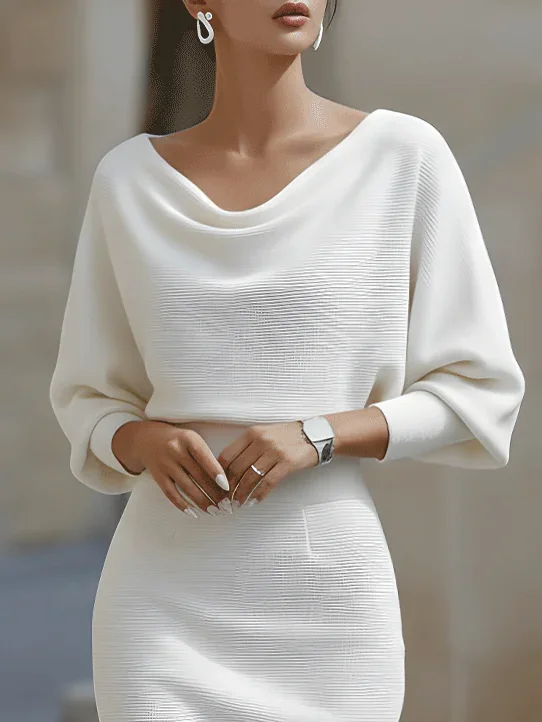 Urban Plain Raglan Sleeves Printing Cowl Neck Midi Dress