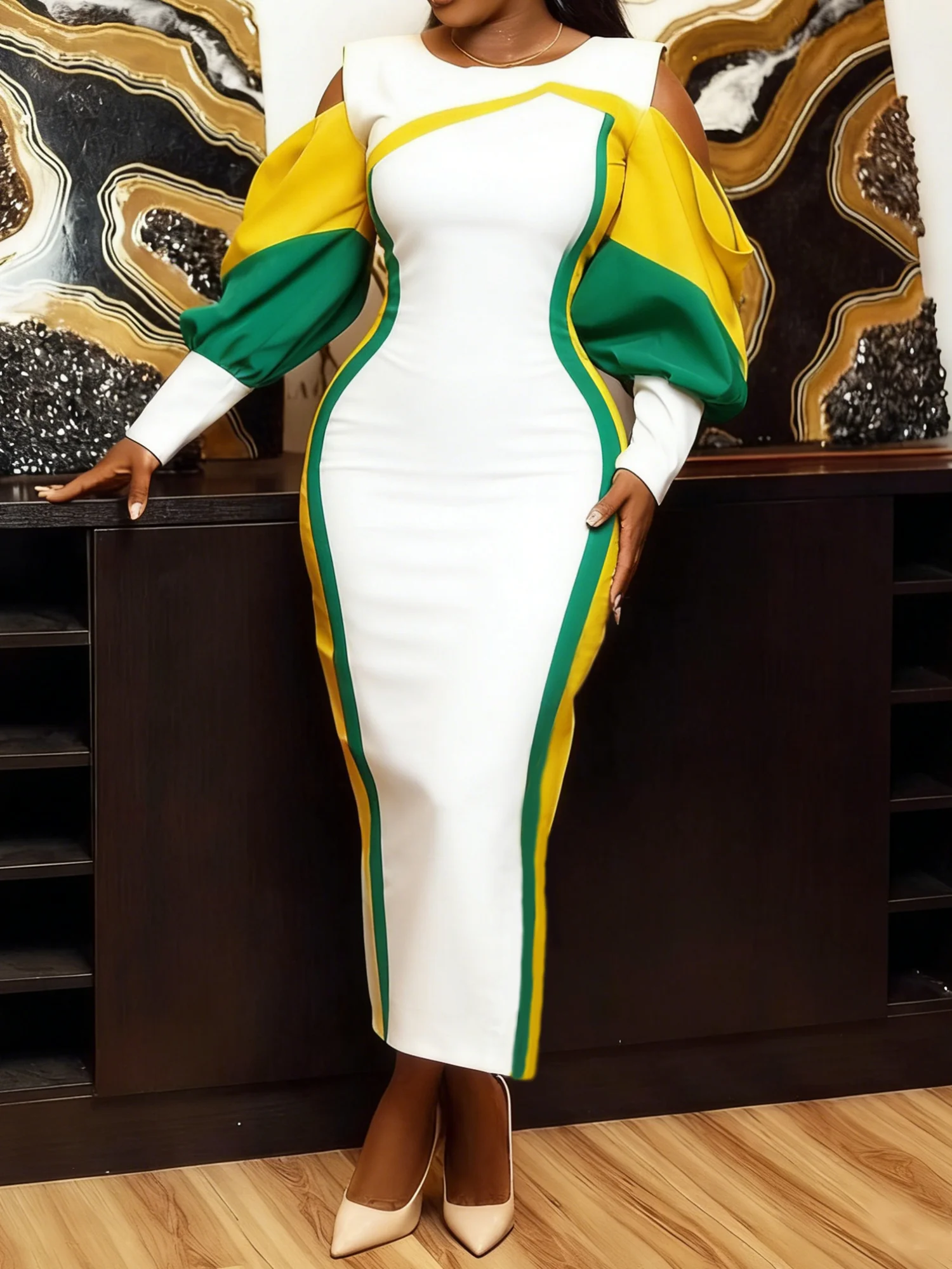 Urban Color Block Off Shoulder Sleeve Printing Crew Neck Maxi Dress