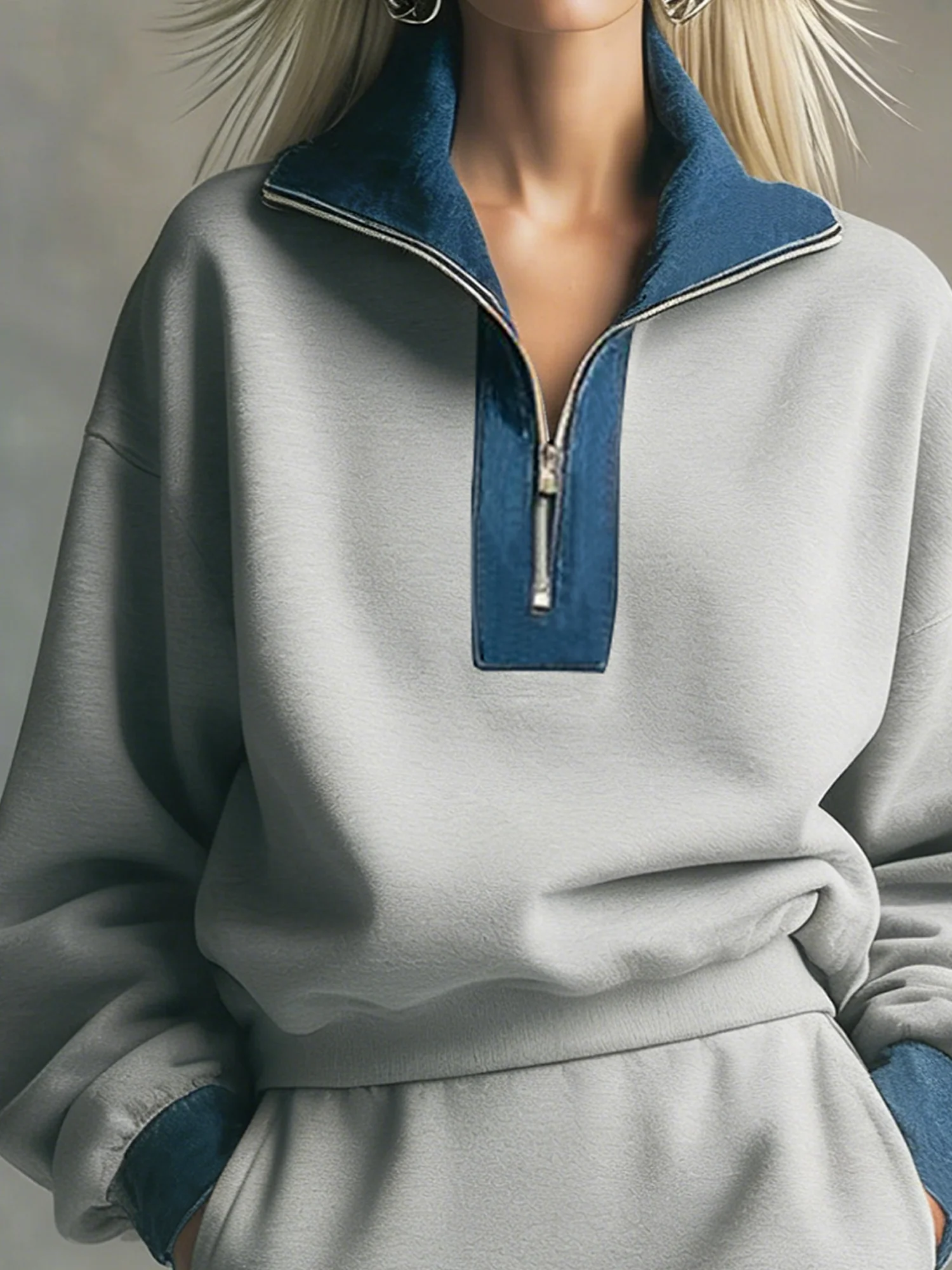 Casual Color Block Shirt Collar Sweatshirt