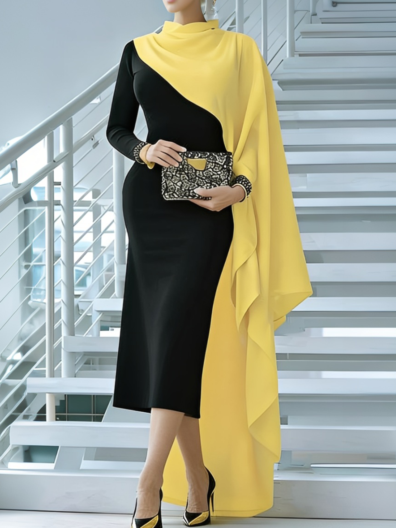 Elegant Color Block Stand Collar Midi Dress