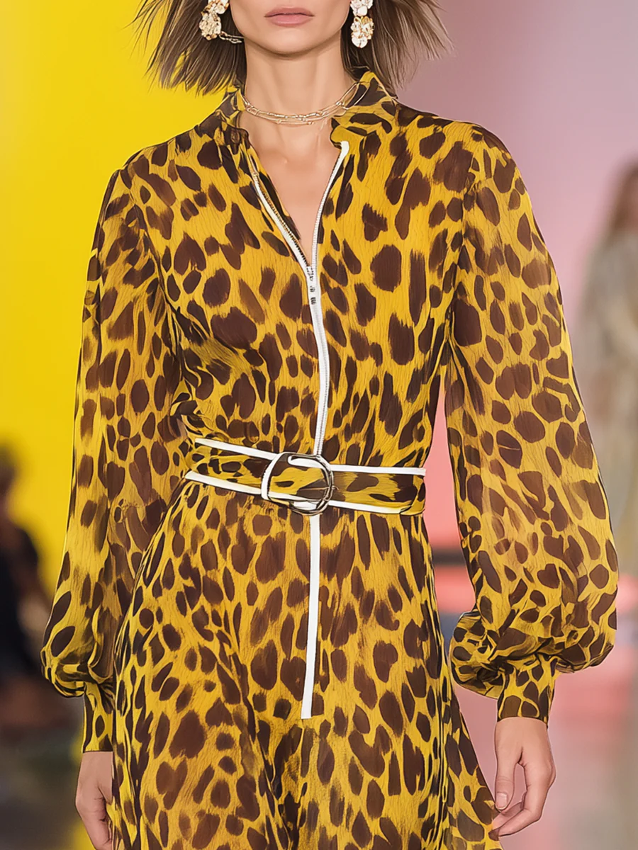 Elegant Geometric Balloon Sleeve Printing Midi Dress With Belt