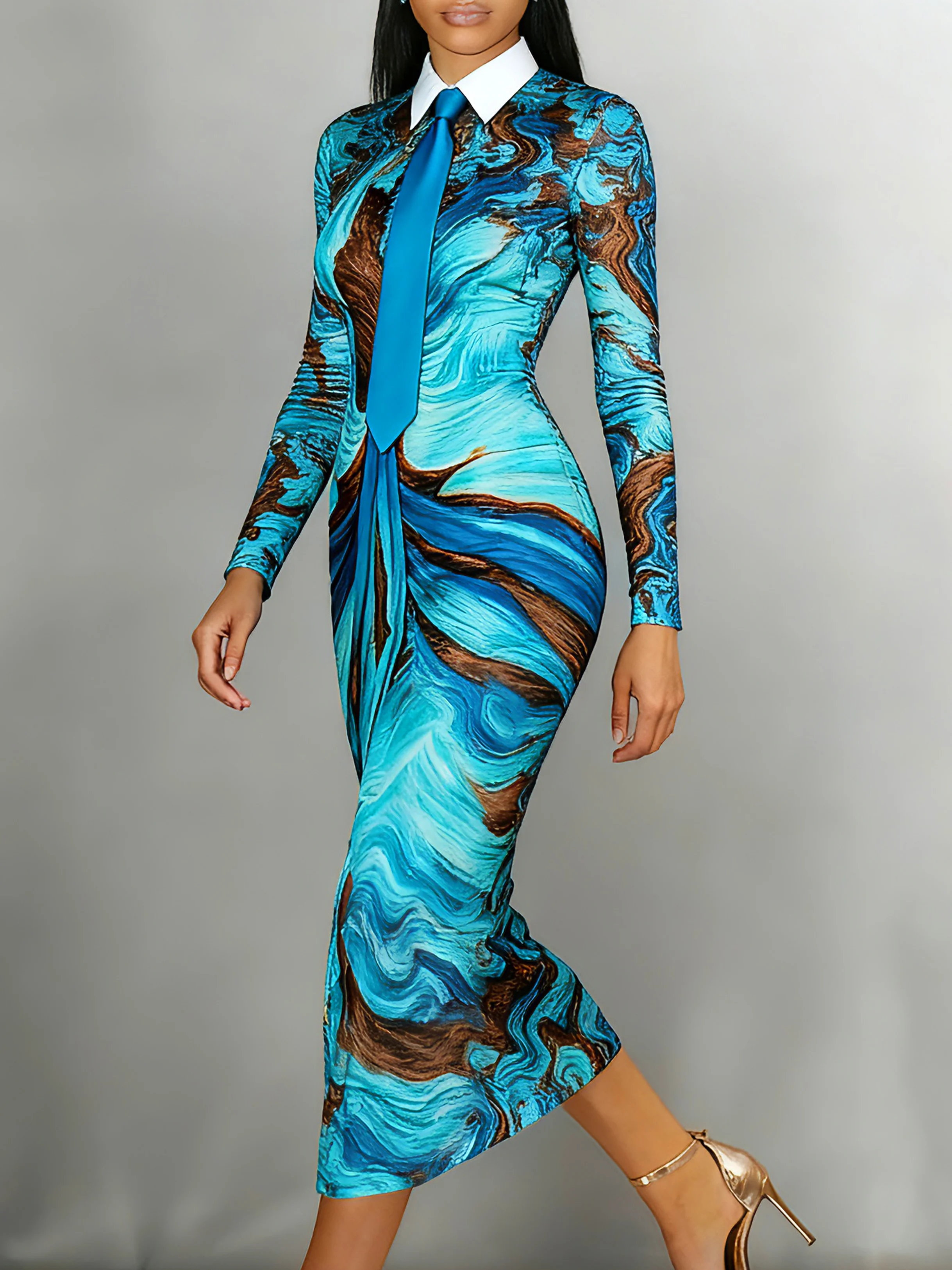 Elegant Geometric Shirt Collar Midi Dress With Tie