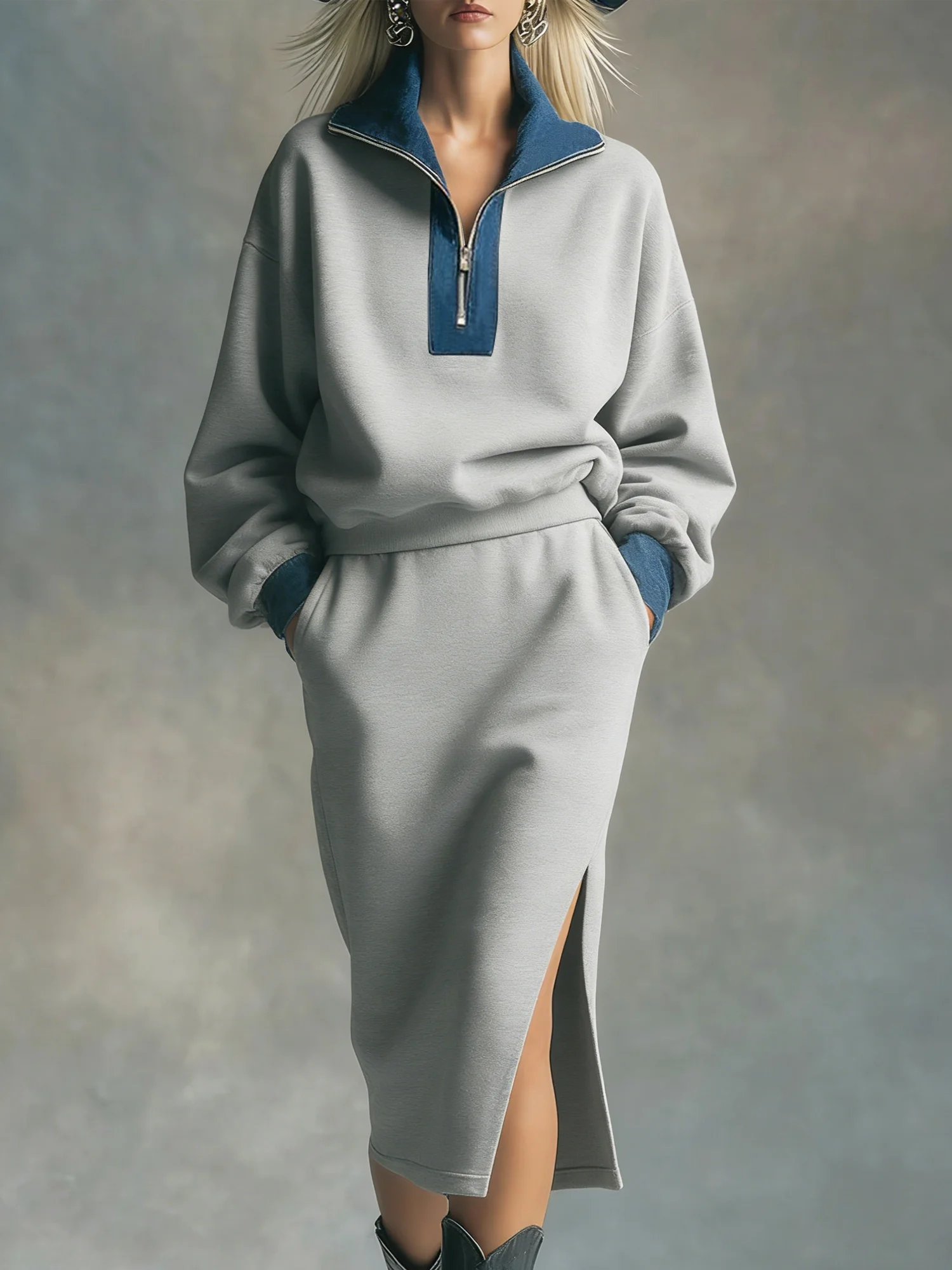 Casual Color Block Shirt Collar Sweatshirt