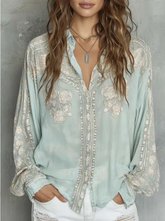 Urban Floral Printing Shirt Collar Shirt