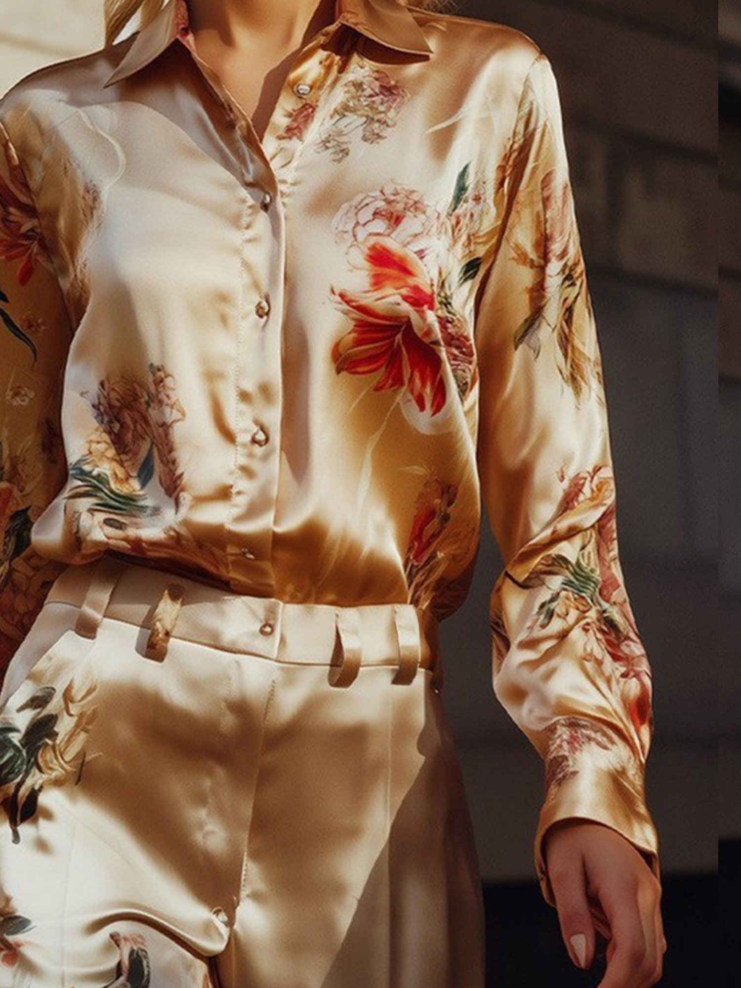 Satin Urban Floral Printing Shirt Collar Shirt