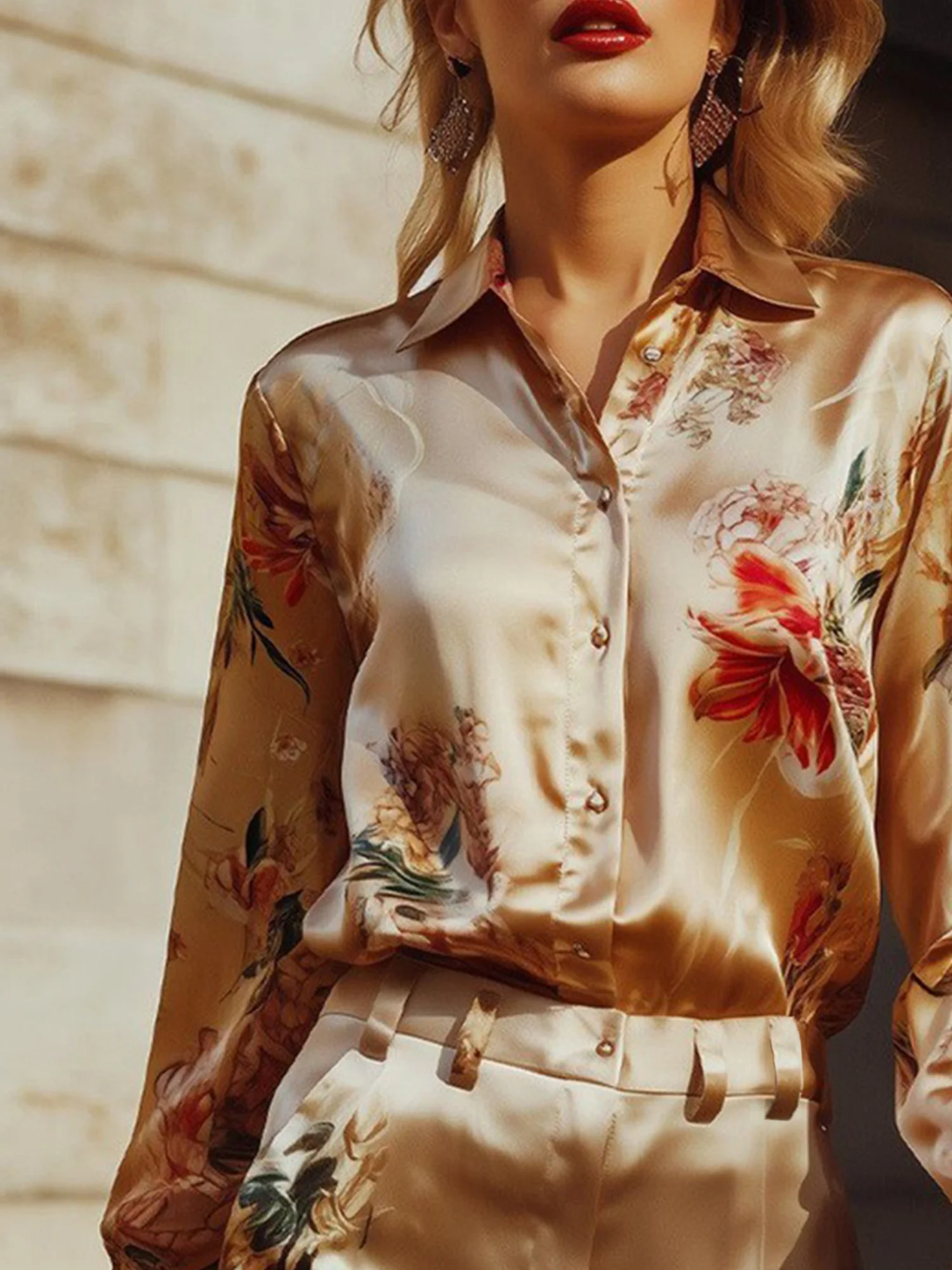 Satin Urban Floral Printing Shirt Collar Shirt