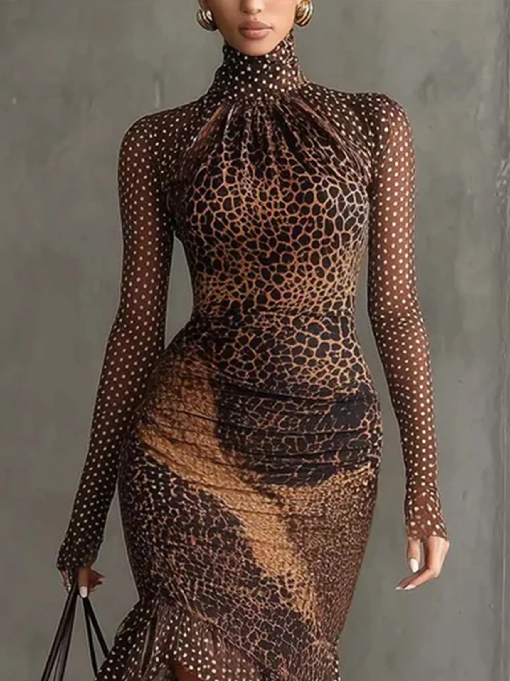 Urban Geometric Printing Mock Neck Midi Dress