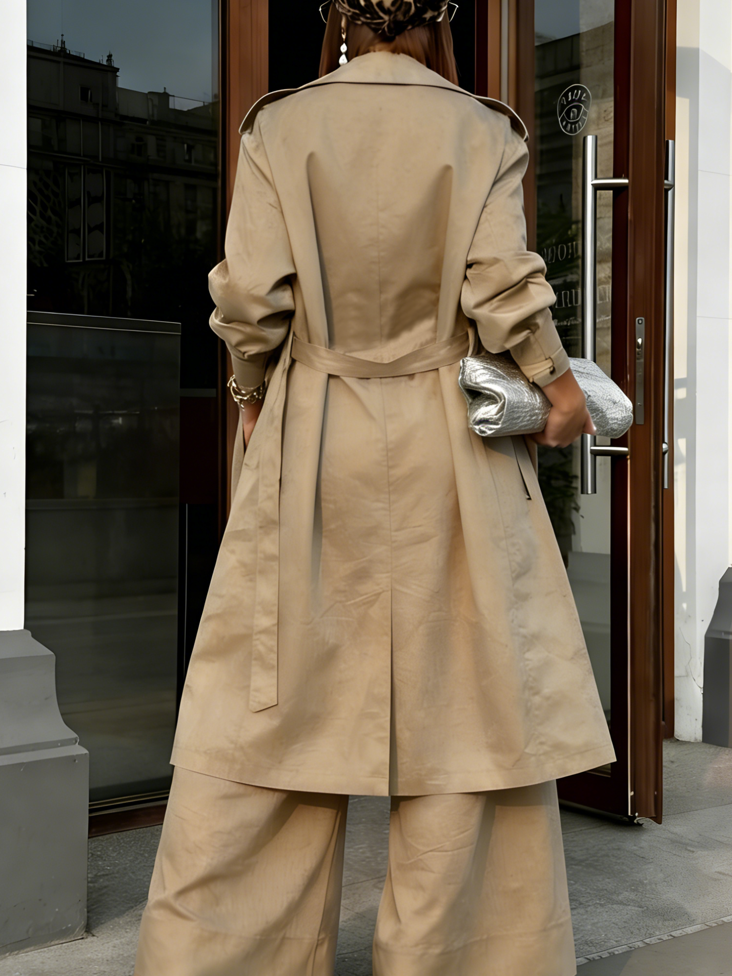 Casual Plain Lapel Collar Trench Coat With Belt