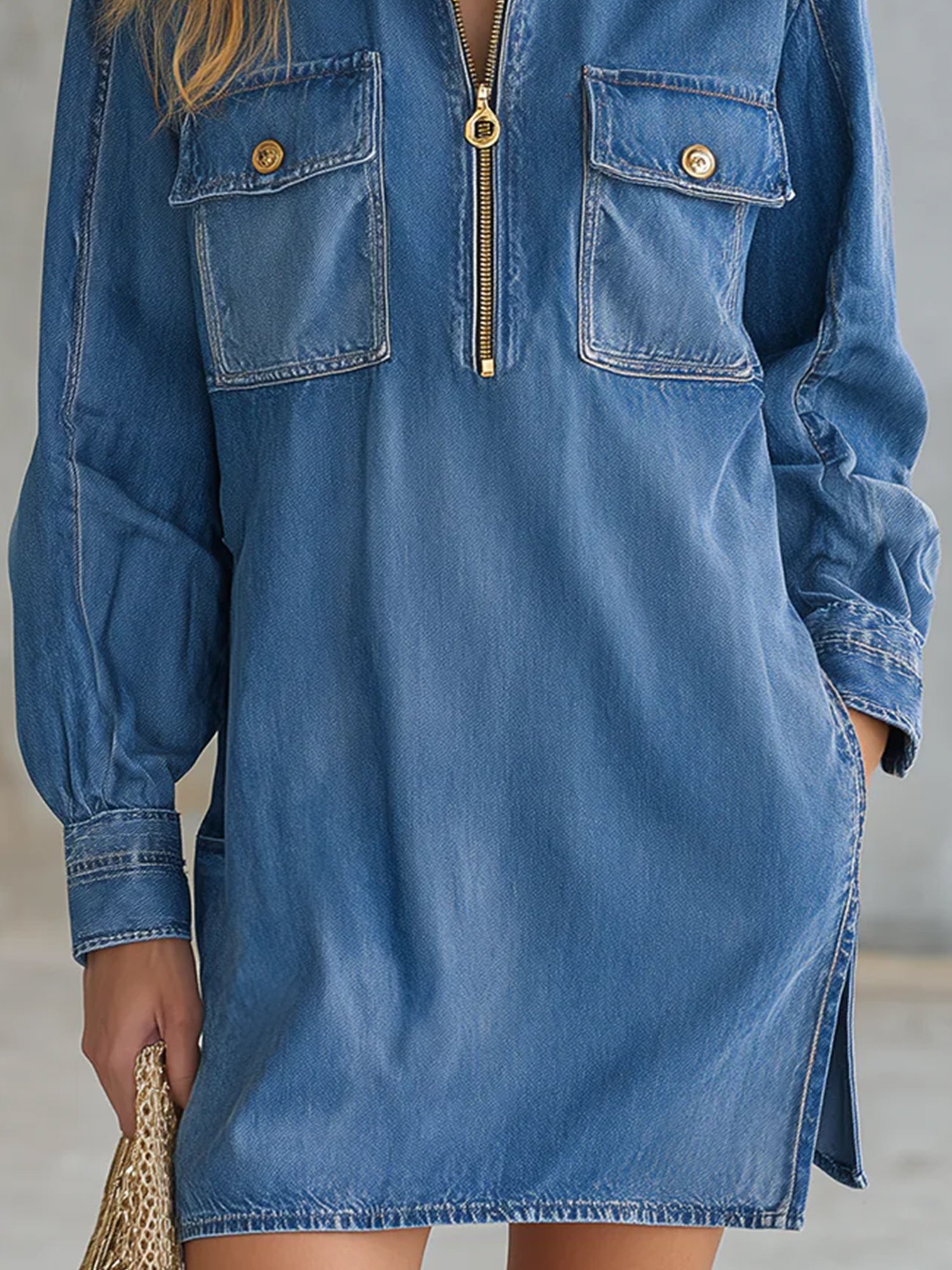 Urban Plain Denim Zipper Stand Collar Mini Dress
