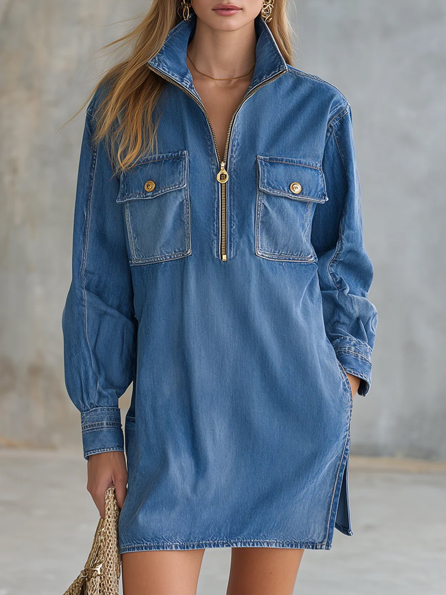 Urban Plain Denim Zipper Stand Collar Mini Dress