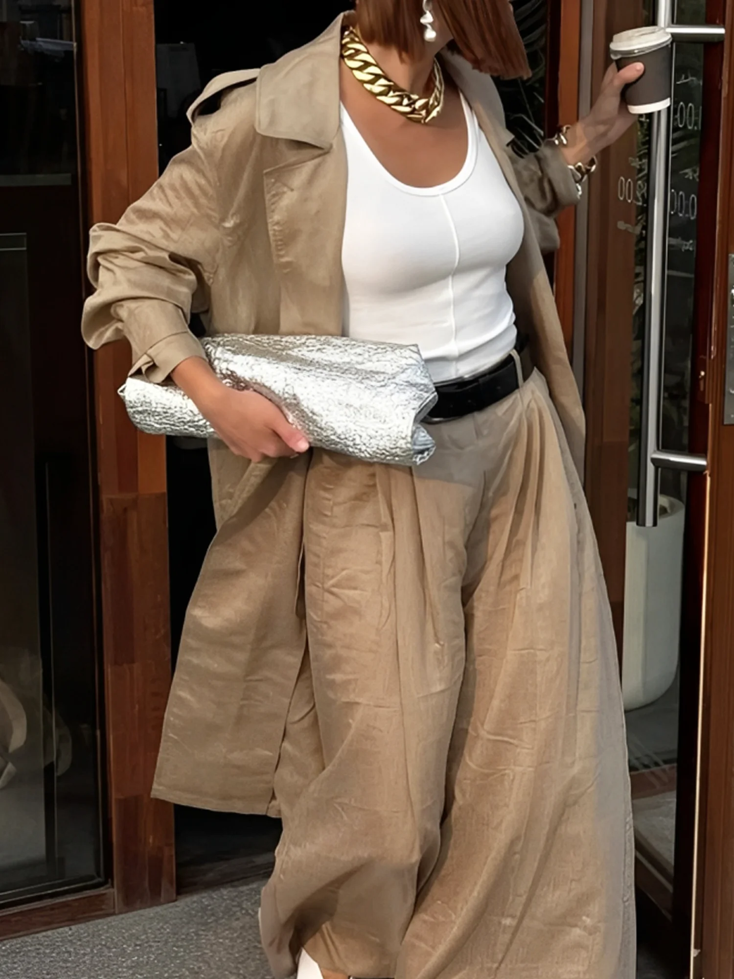 Casual Plain Lapel Collar Trench Coat With Belt