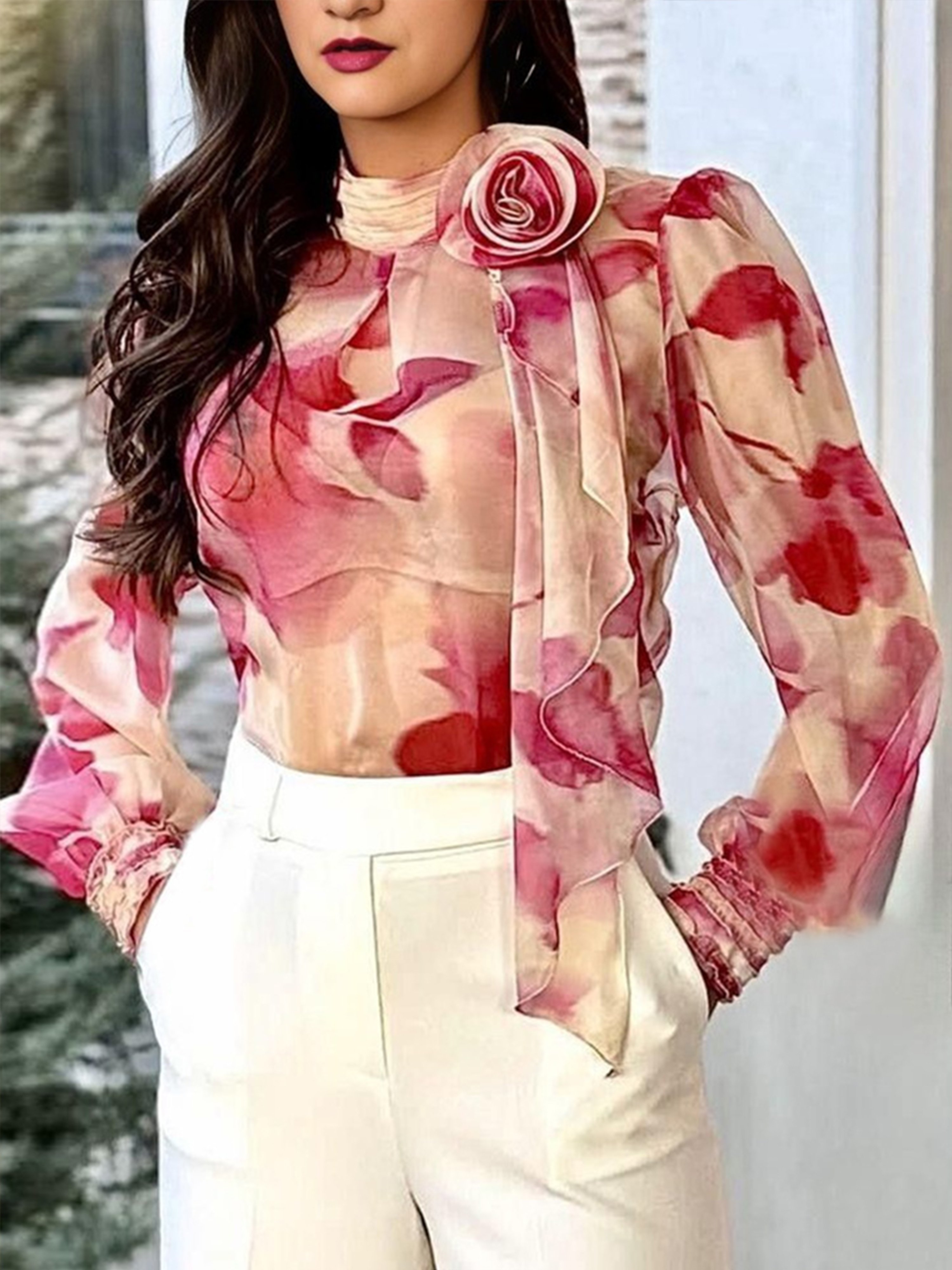 Chiffon Urban Floral 3D Floral Stand Collar Blouse