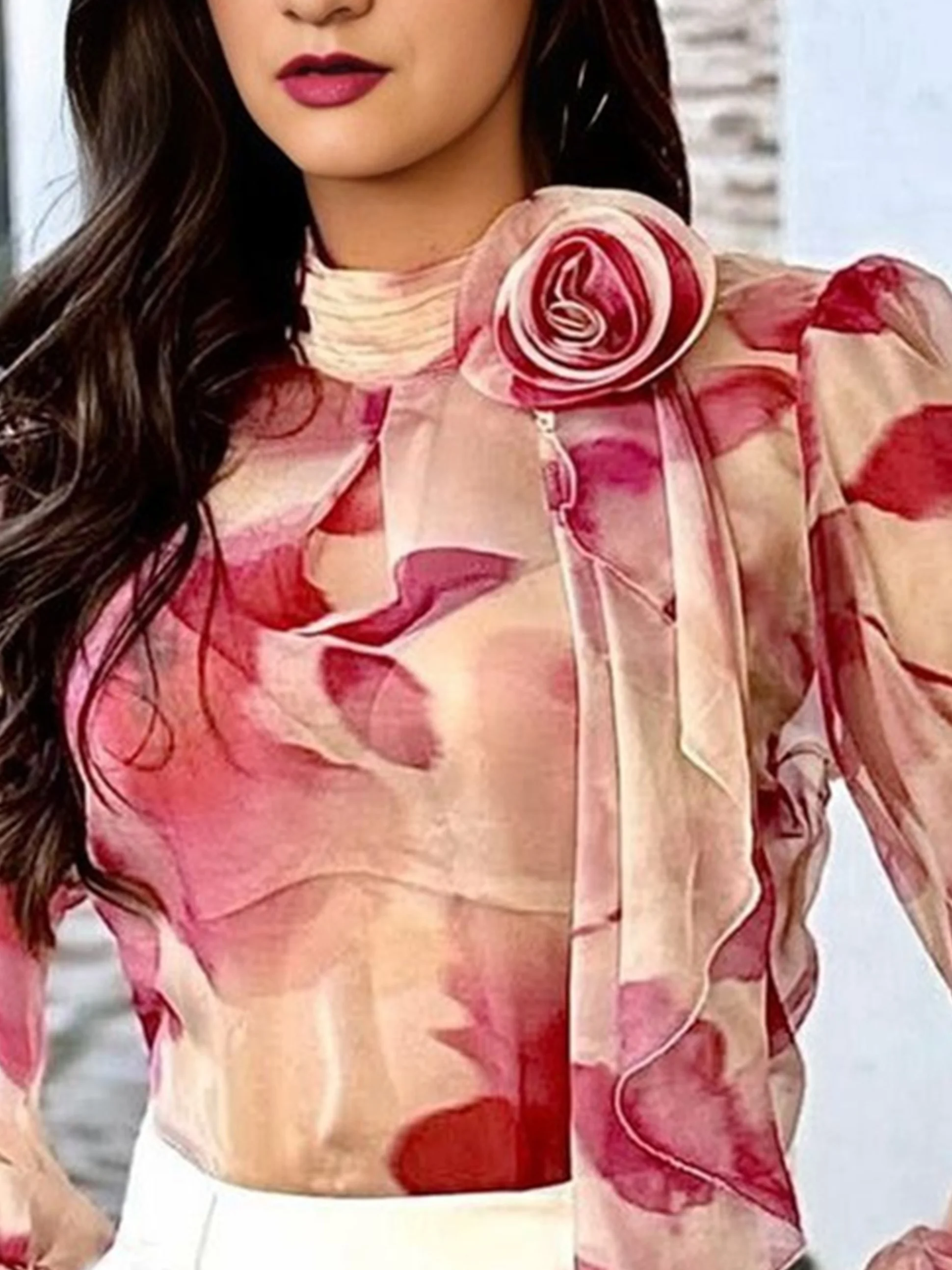 Chiffon Urban Floral 3D Floral Stand Collar Blouse
