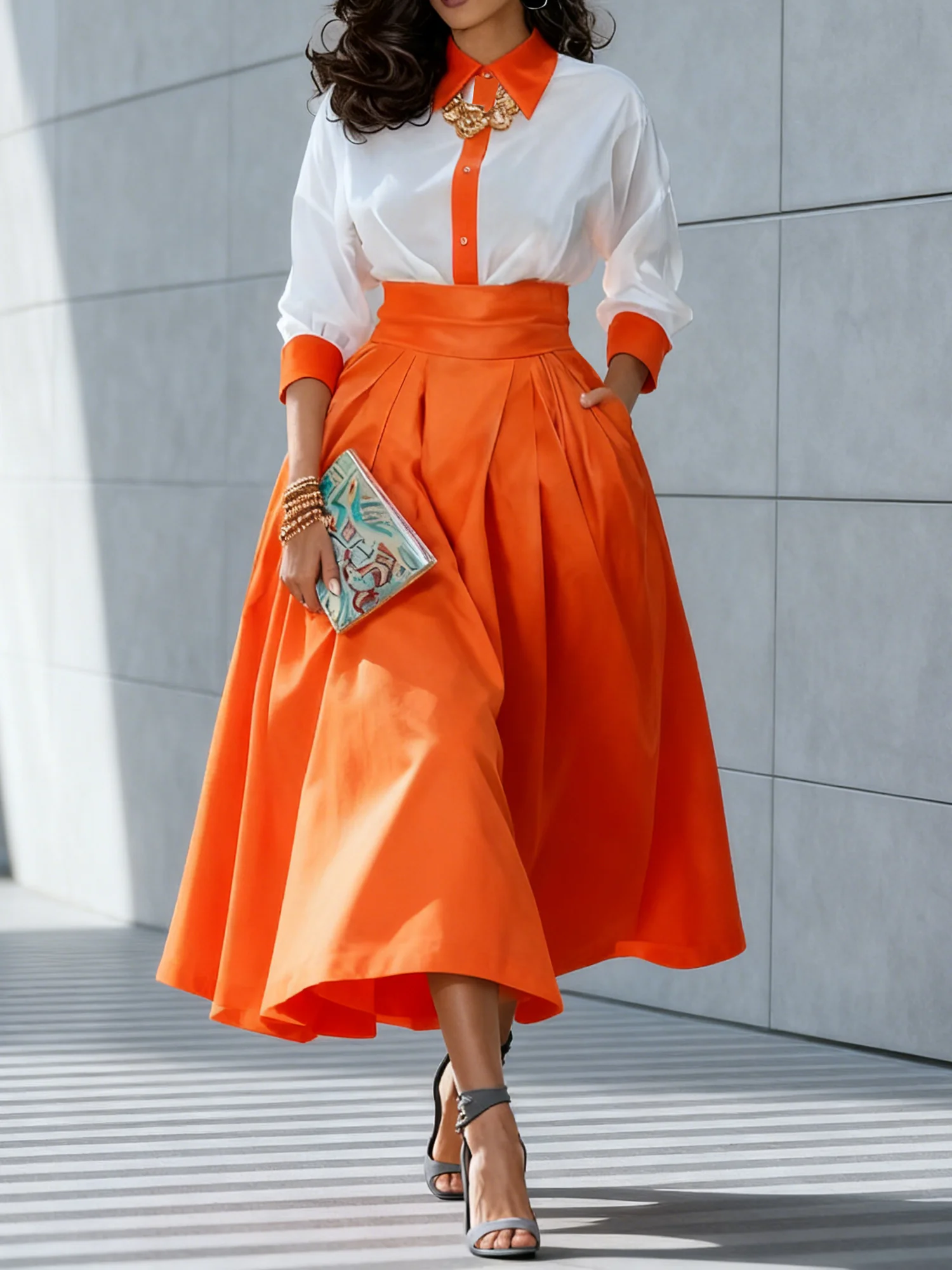 Elegant Color Block Shirt Collar Shirt