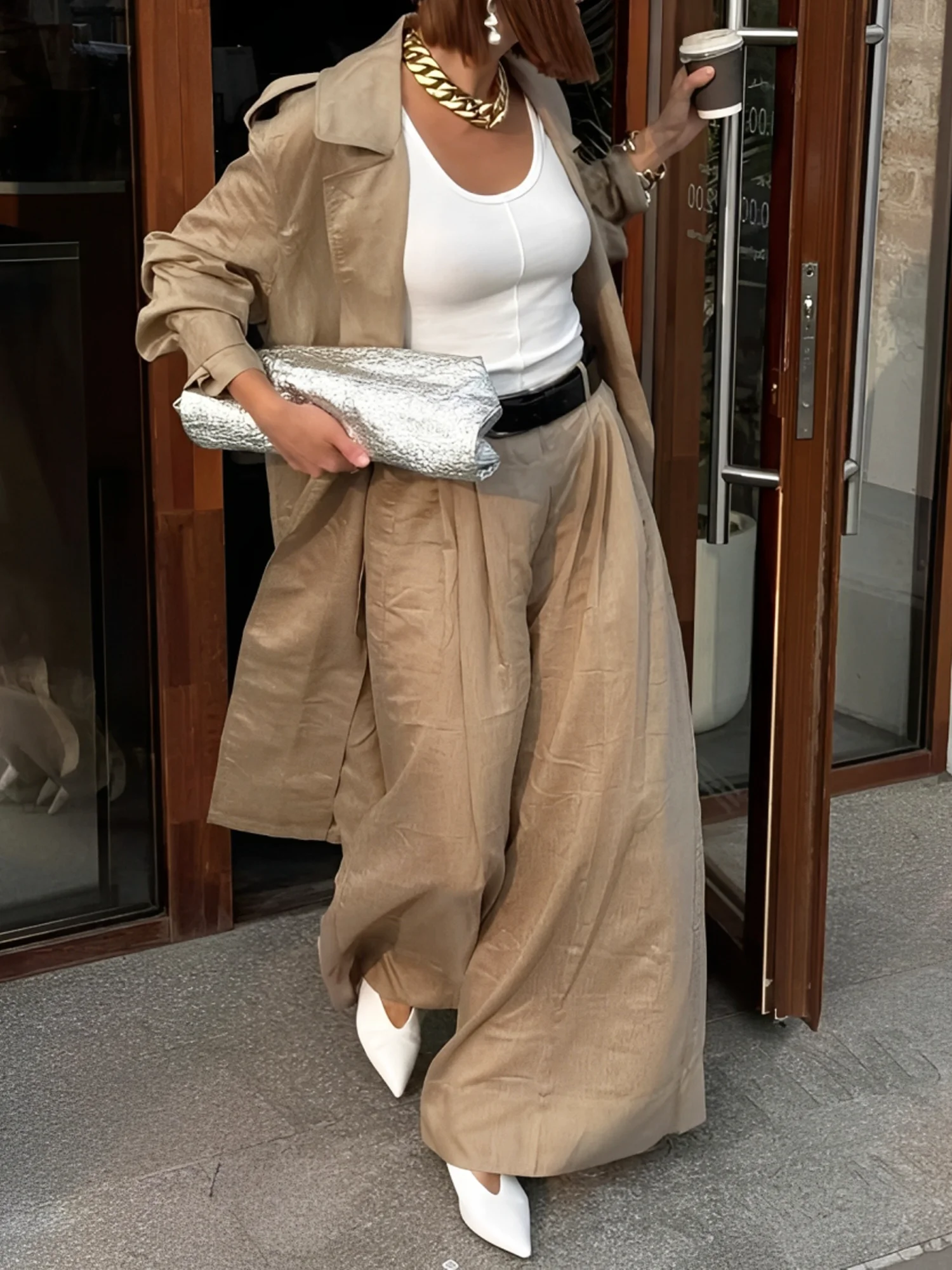 Casual Plain Lapel Collar Trench Coat With Belt